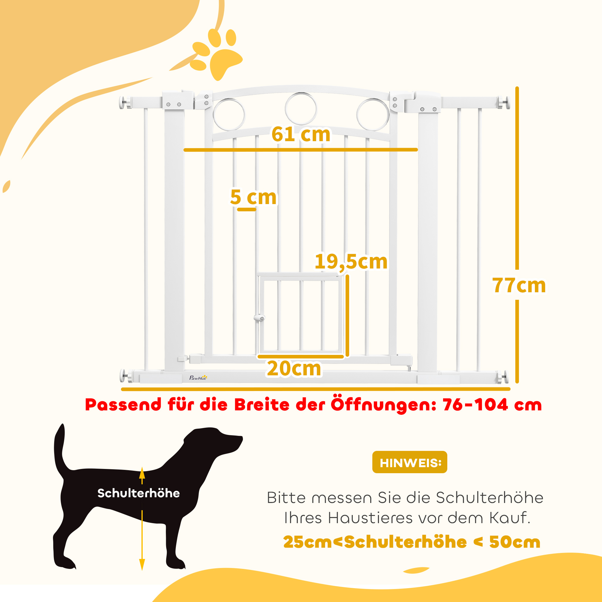 Haustiertor, 77 cm Treppengatter, verstellbare Breite 76-104 cm, mit Katzentür, für Treppen und Türöffnungen, Weiß