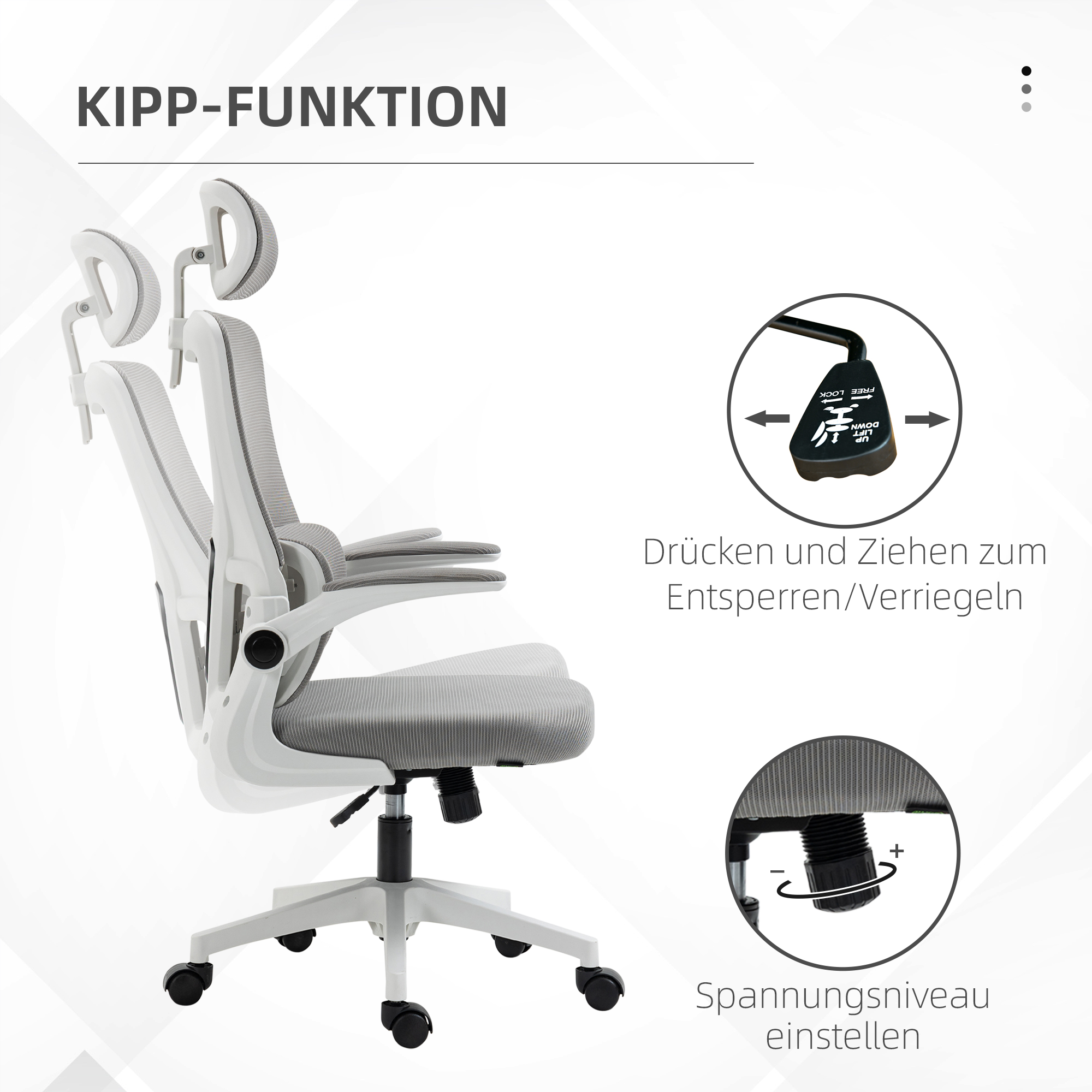 Bürostuhl, höhenverstellbar, verstellbare Kopfstütze, bis 120 kg, 60x59x114-122 cm, Grau