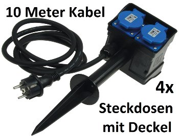 Gartensteckdose mit Erdspieß, 4-fach / IP44, 10m Kabel