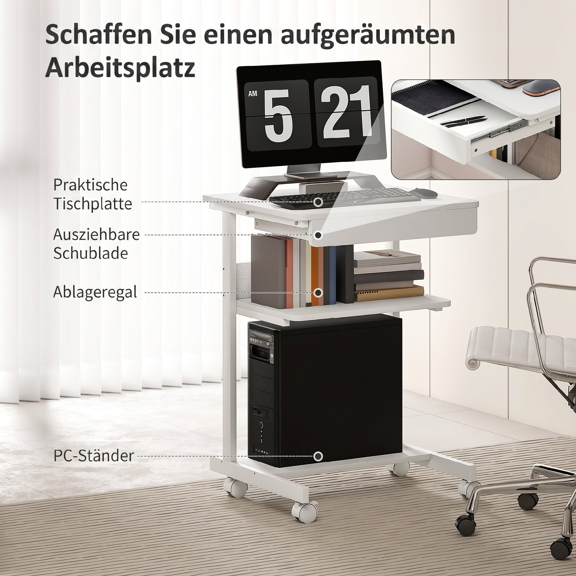 Roll-Schreibtisch mit Schublade und Regalen, 4 Räder, kompakt, Spanplatte, Metall