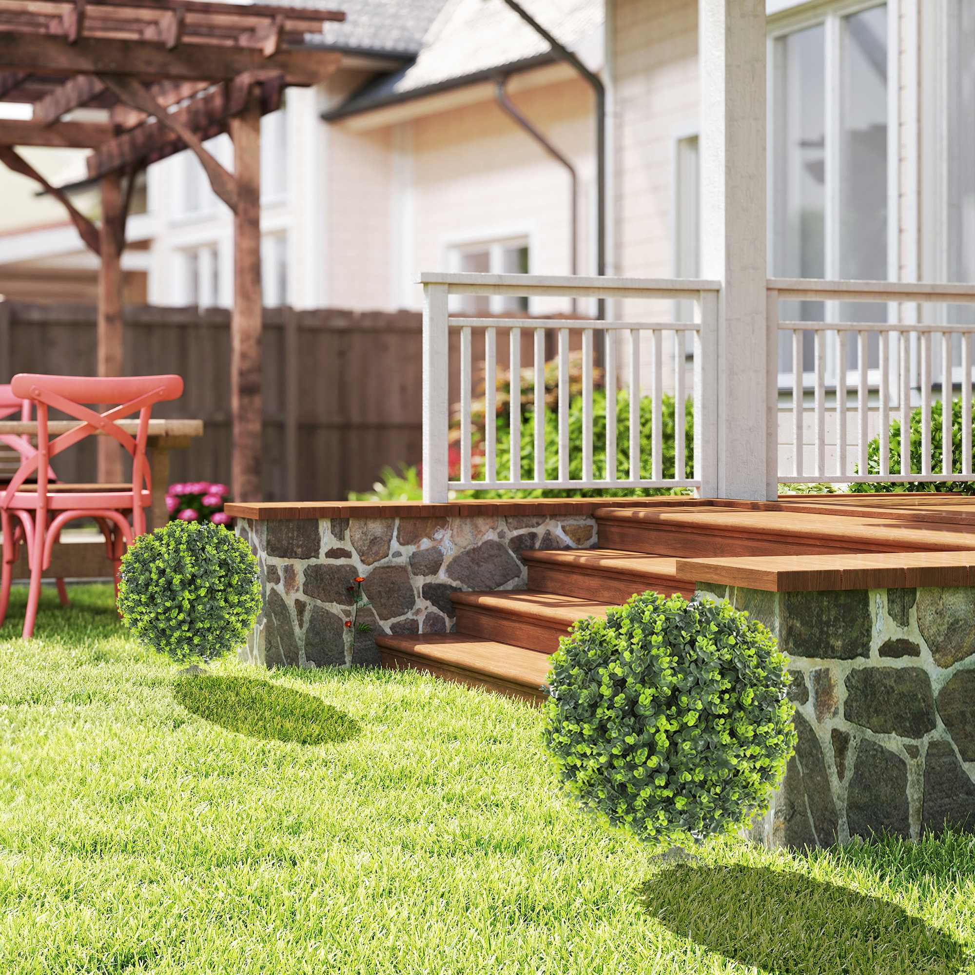 2er-Set Kunstpflanzen, Künstliche Buchsbaumkugeln mit Bodenpfahl, für drinnen und draußen, UV-beständig, Grün