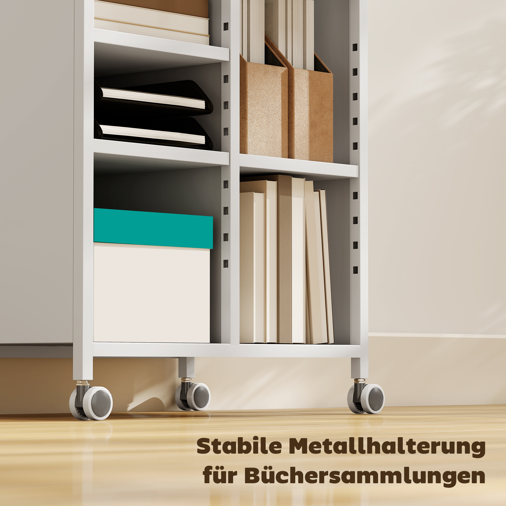 Bücherregal auf Rollen, 4-stufig, verstellbare Regalböden & Hängekörbe für Home Office und Wohnzimmer, Weiß