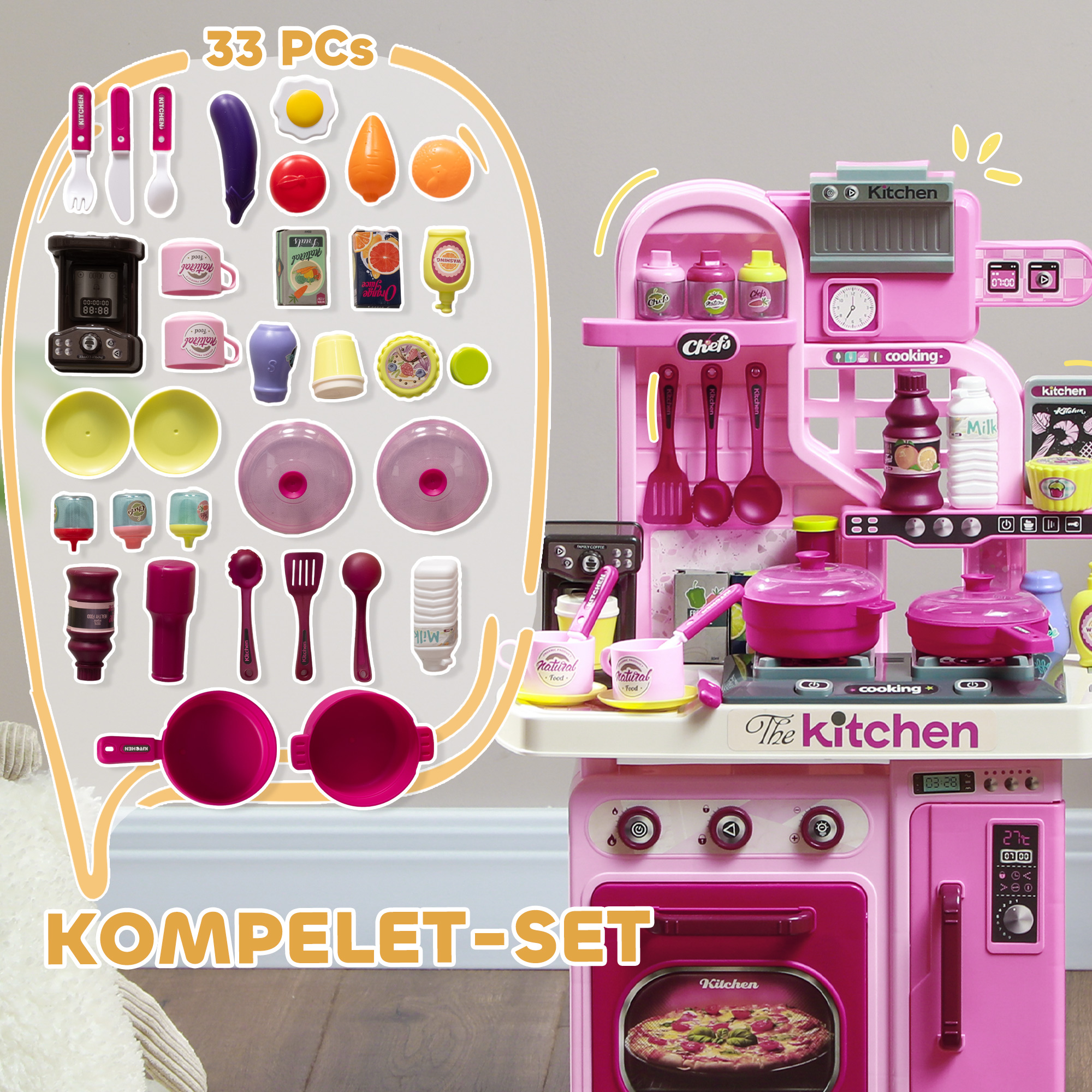 Spielküche, 33-teiliges Set, Licht- & Soundeffekte, für Kinder 3-6 Jahre, Pink