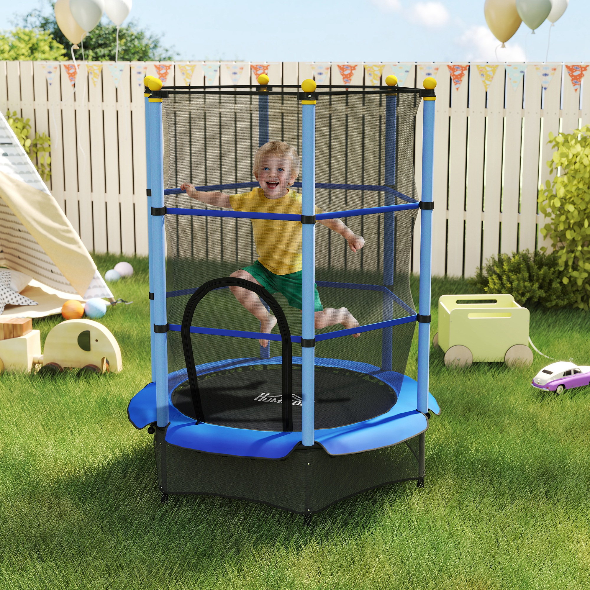 Trampolin für Kinder, Ø140 cm, mit Sicherheitsnetz, für innen und außen, Stahl, Kunststoff, belastbar bis 50 kg, Blau
