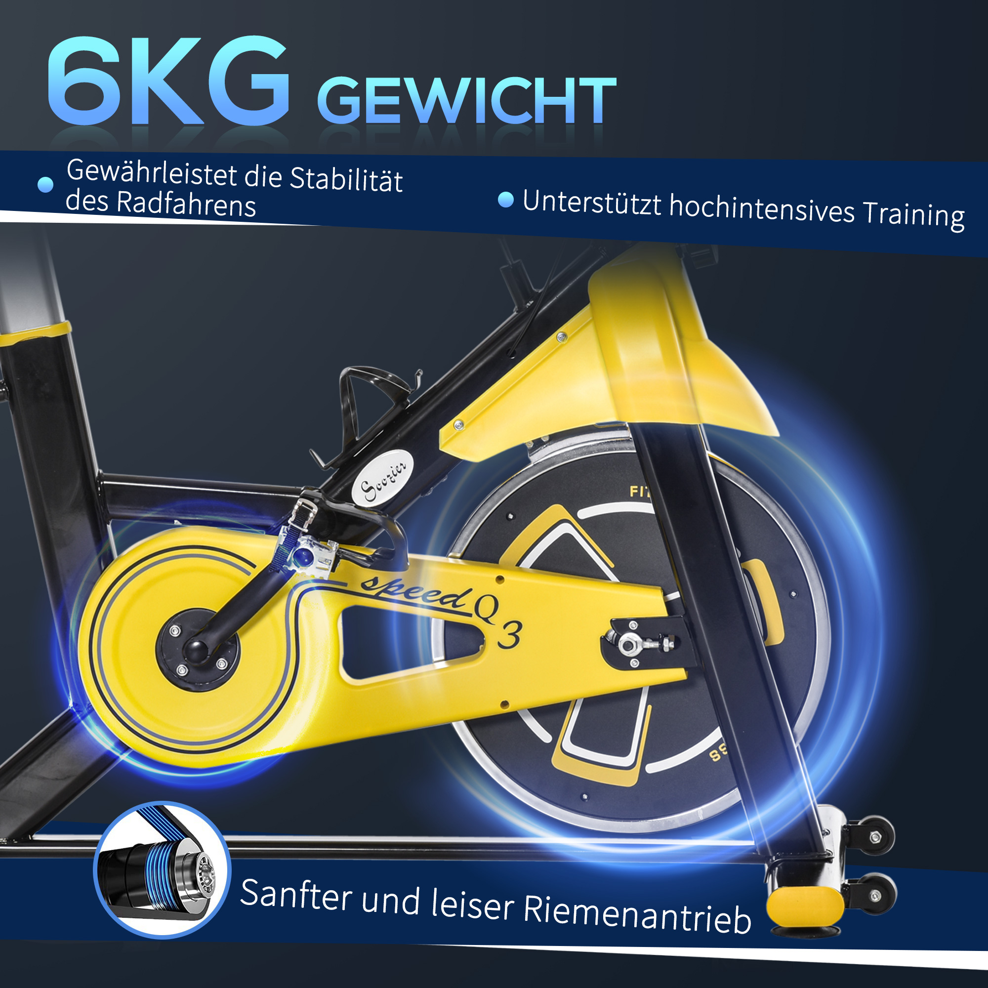 Fahrradtrainer höhenverstellbarer Heimtrainer Fitnessfahrrad Rollentrainer mit Riemenantrieb LCD-Display Stahl ABS Gelb+Schwarz+Grau 45,5 x 100 x 101-113 cm