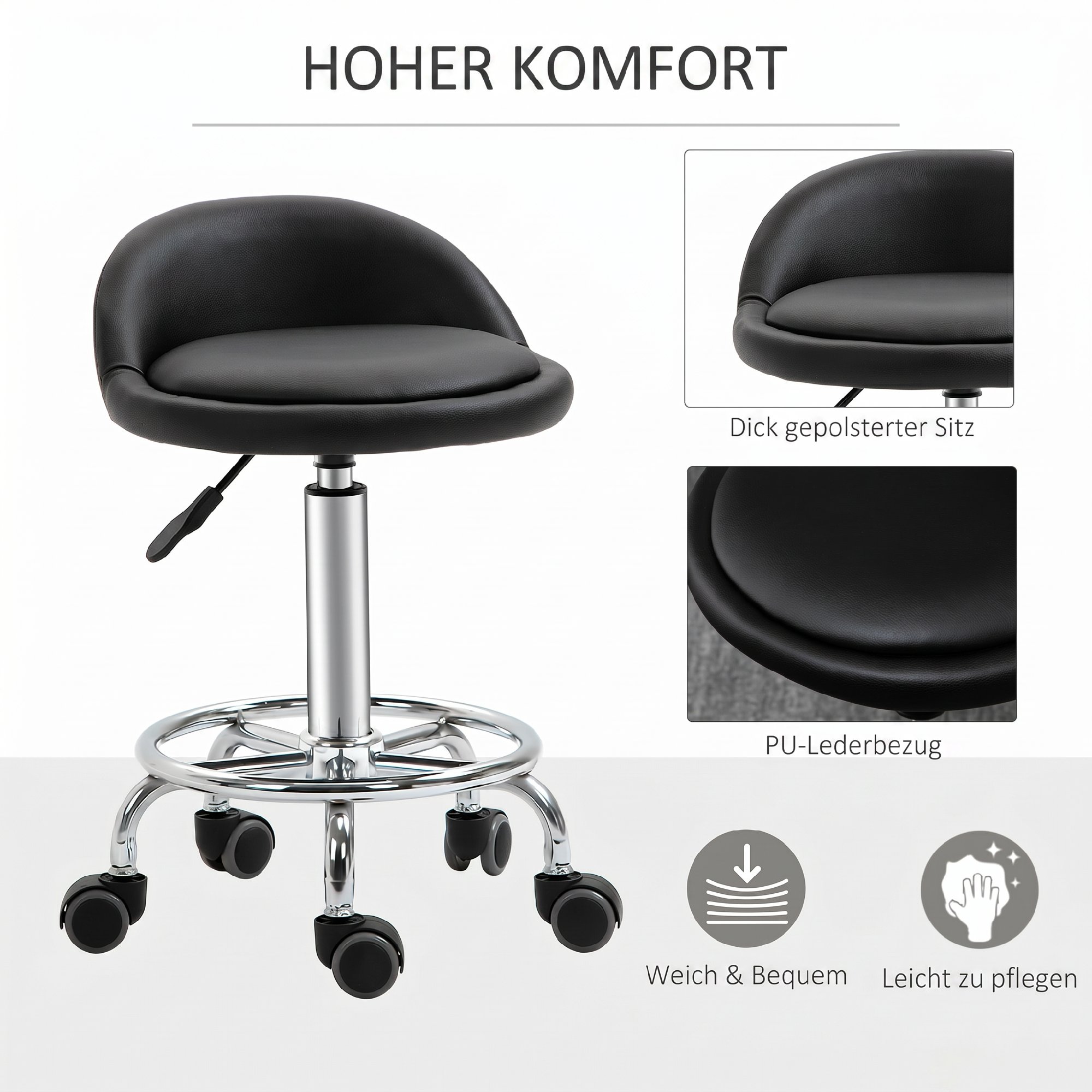 Rollhocker mit Rückenlehne 57-72 cm höhenverstellbar Drehhocker für Büro Salon Massage