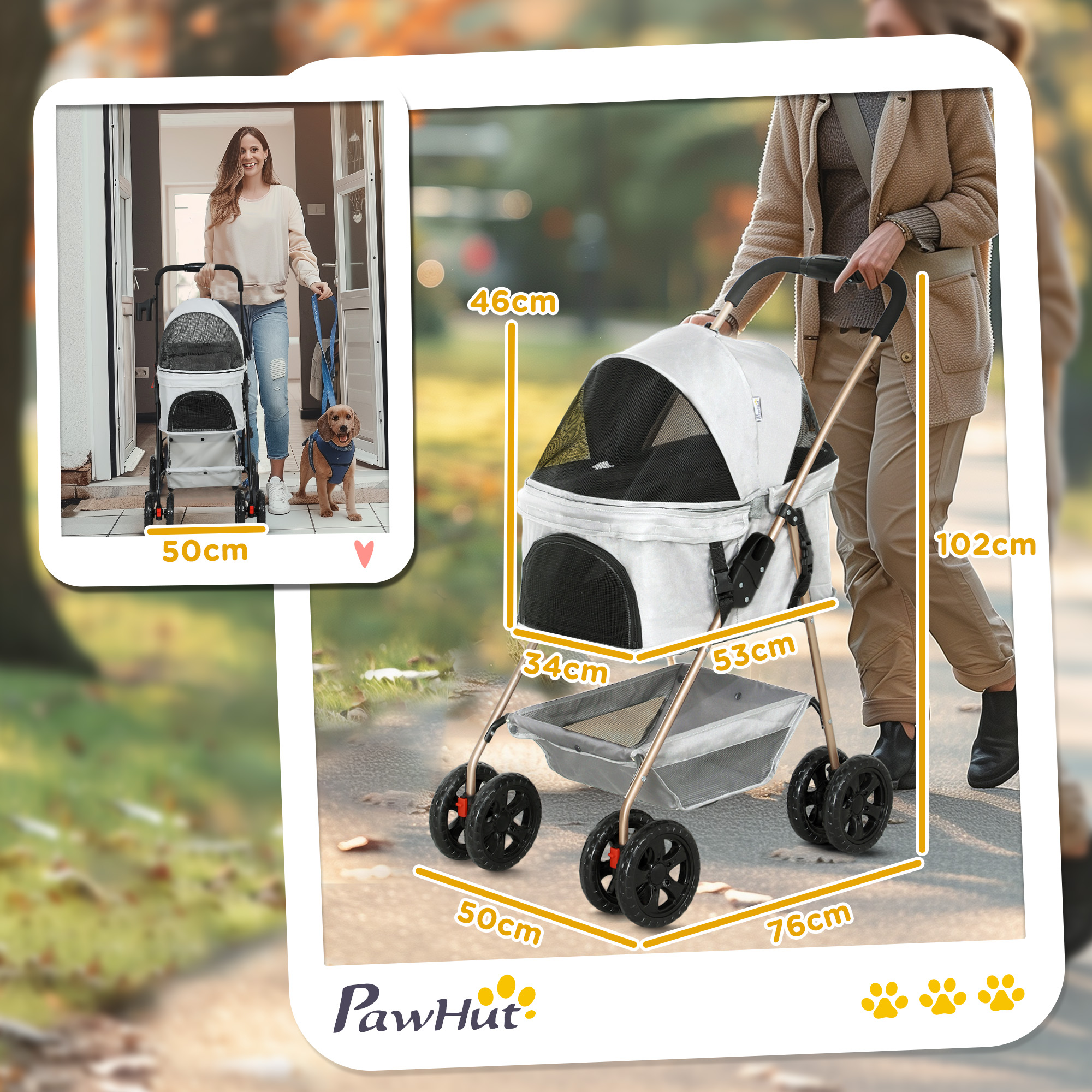 3-in-1-Haustierkinderwagen, zusammenklappbarer Hundewagen mit 4 Rädern und abnehmbarer Trage für Hunde und Katzen, Grau