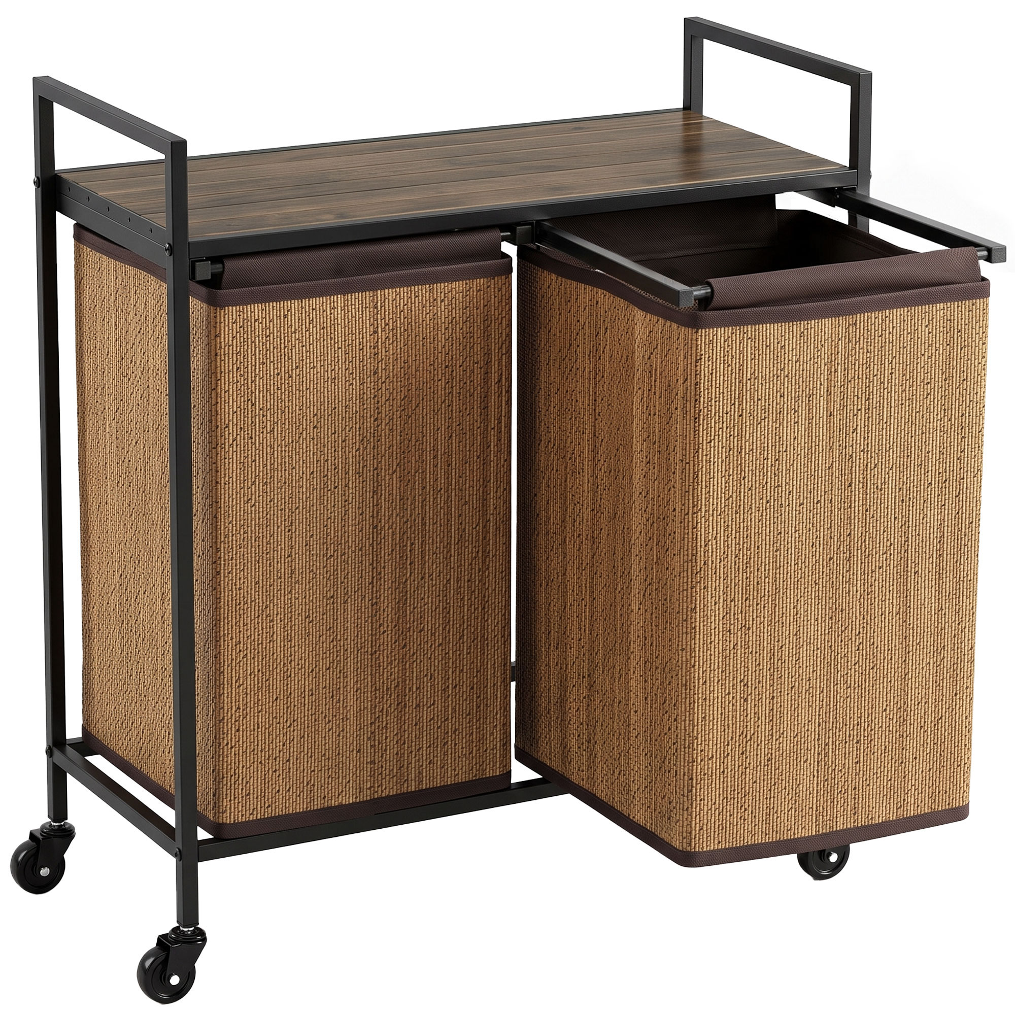 Wäschekorb Bambus 2 Fächer 120 L Wäschesammler mit Regal Ablage, Wäschebox Wäschesack, Rollbar 73x33x78 cm, Braun