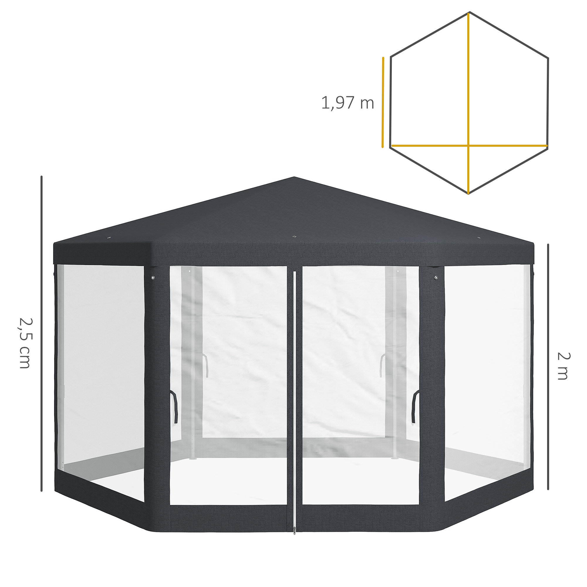 Gartenpavillon, 6-eckig, Netzvorhänge, Metallgestell, 3,94x3,412x2,5m, Dunkelgrau