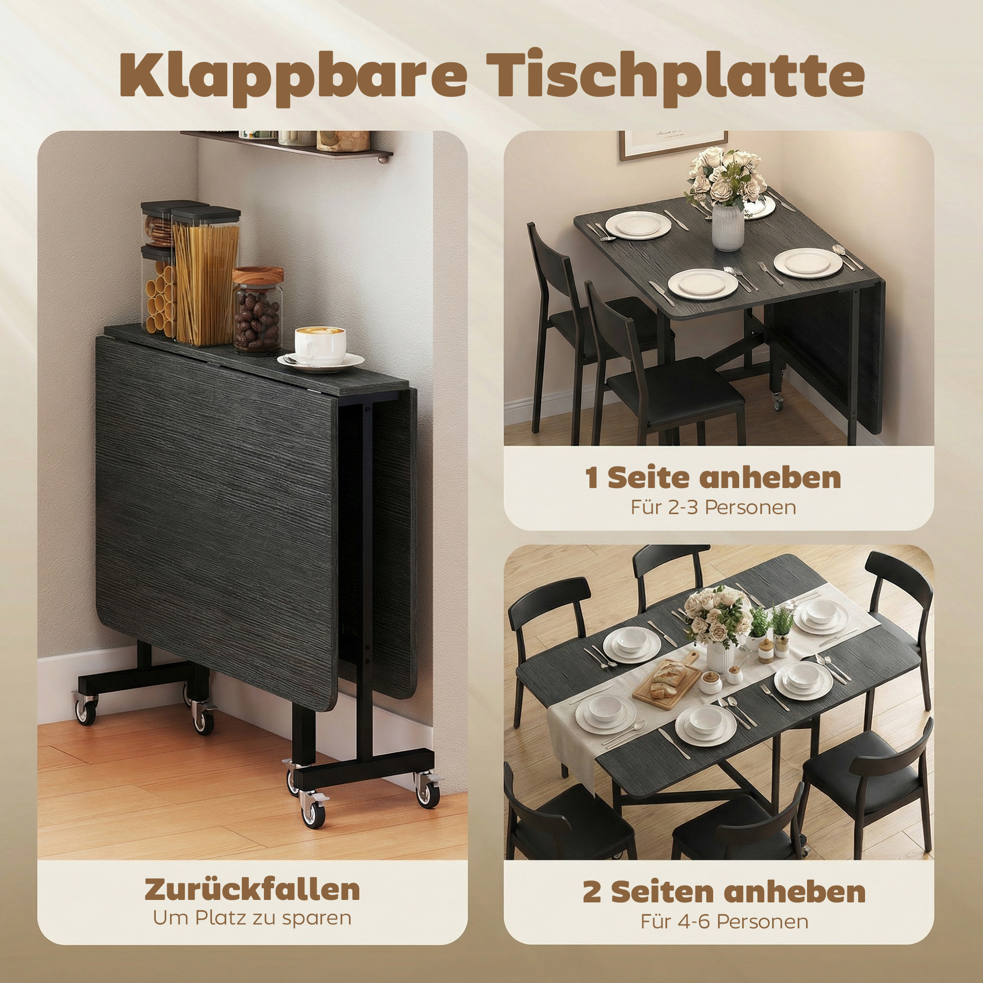 Esstisch Klappbar Küchentisch für 4-6 Personen mit 6 Rollen Mobiler Klapptisch für Kleine Räume 120x80x73 cm Schwarz
