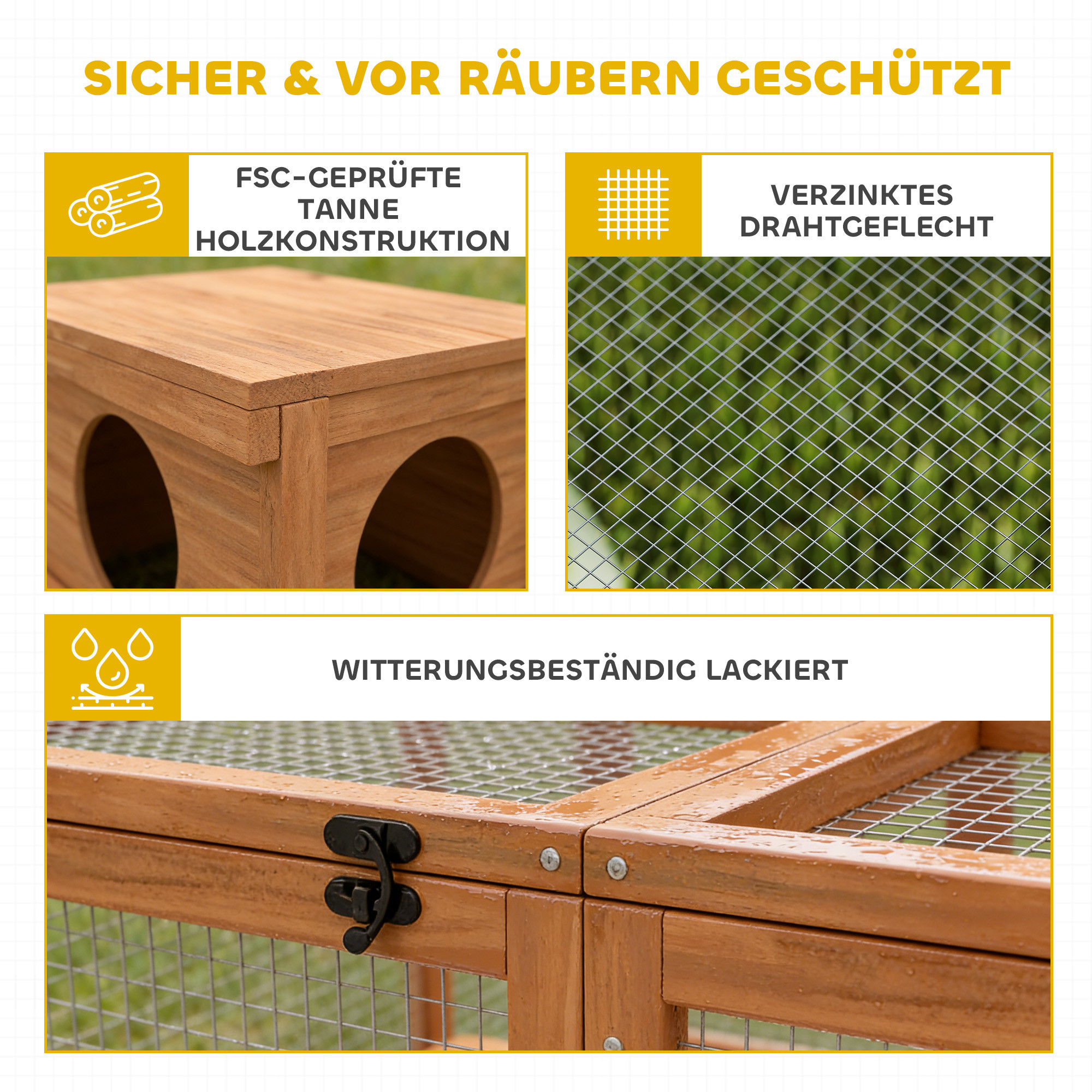 Freilaufgehege Kaninchenstall aus Holz mit 2 Türen Unterschlupfhaus für 2-4 Zwergkaninchen 180,4 x 150 x 48 cm Orange