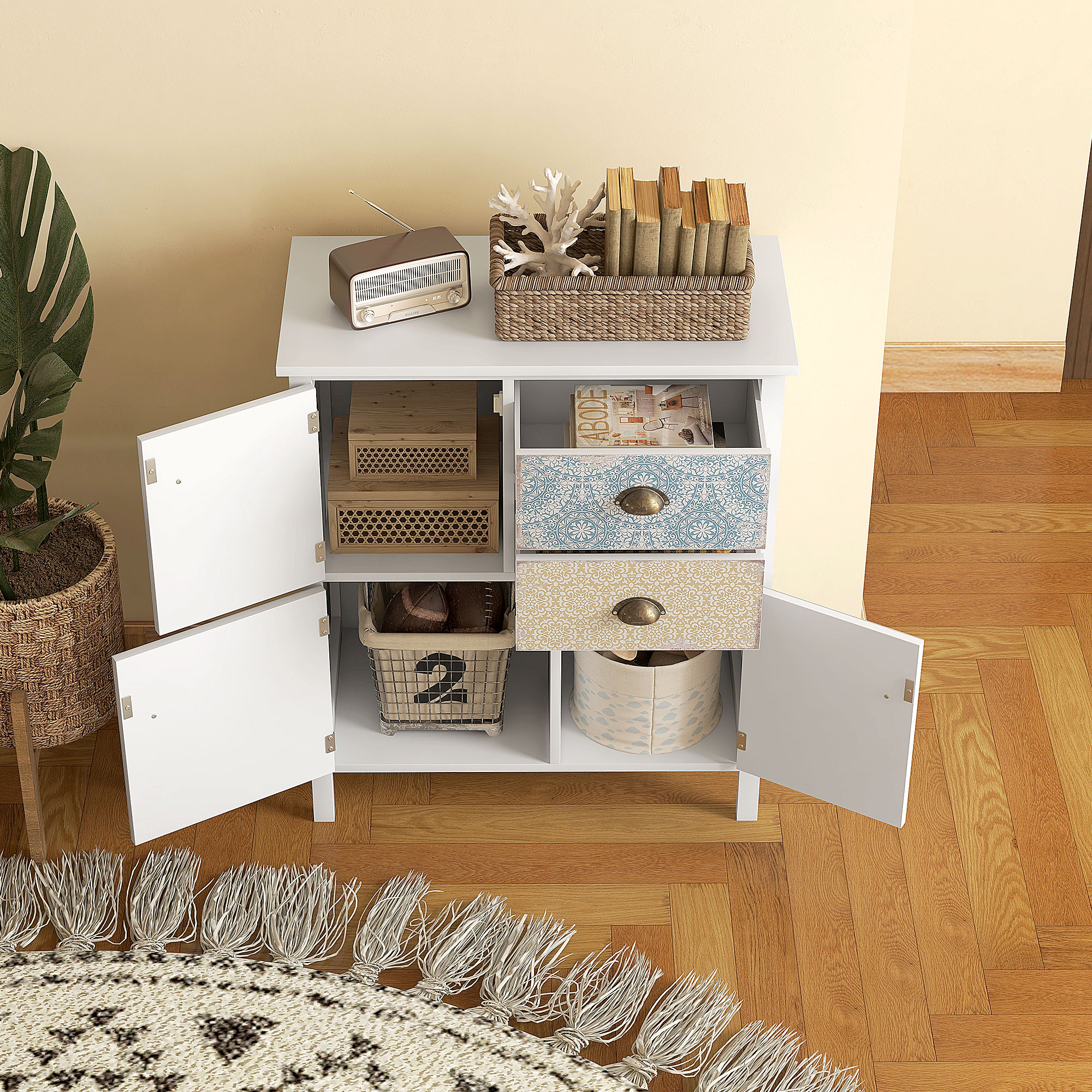 Sideboard, Shabby Chic Kommode, 2 Schubladen, 3 Schrankfächer, Kiefernholz, 68x34x80cm, Weiß