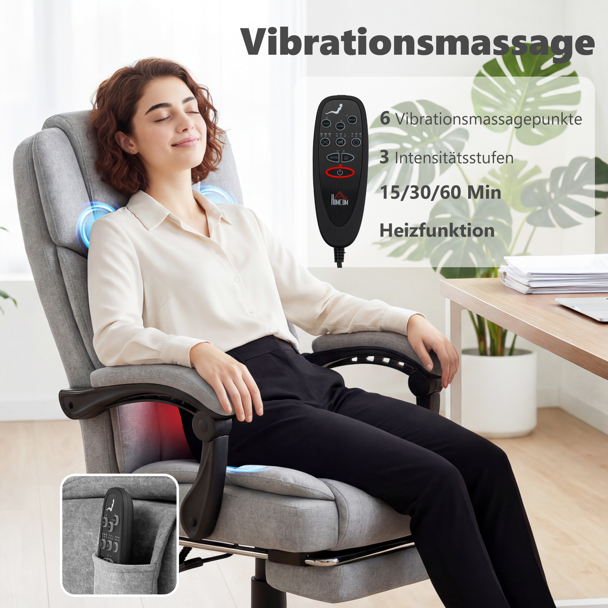 Hochlehner Massage-Bürostuhl mit Vibration, Wärmefunktion, verstellbarer Rückenlehne, Fußstütze, Fernbedienung, grau
