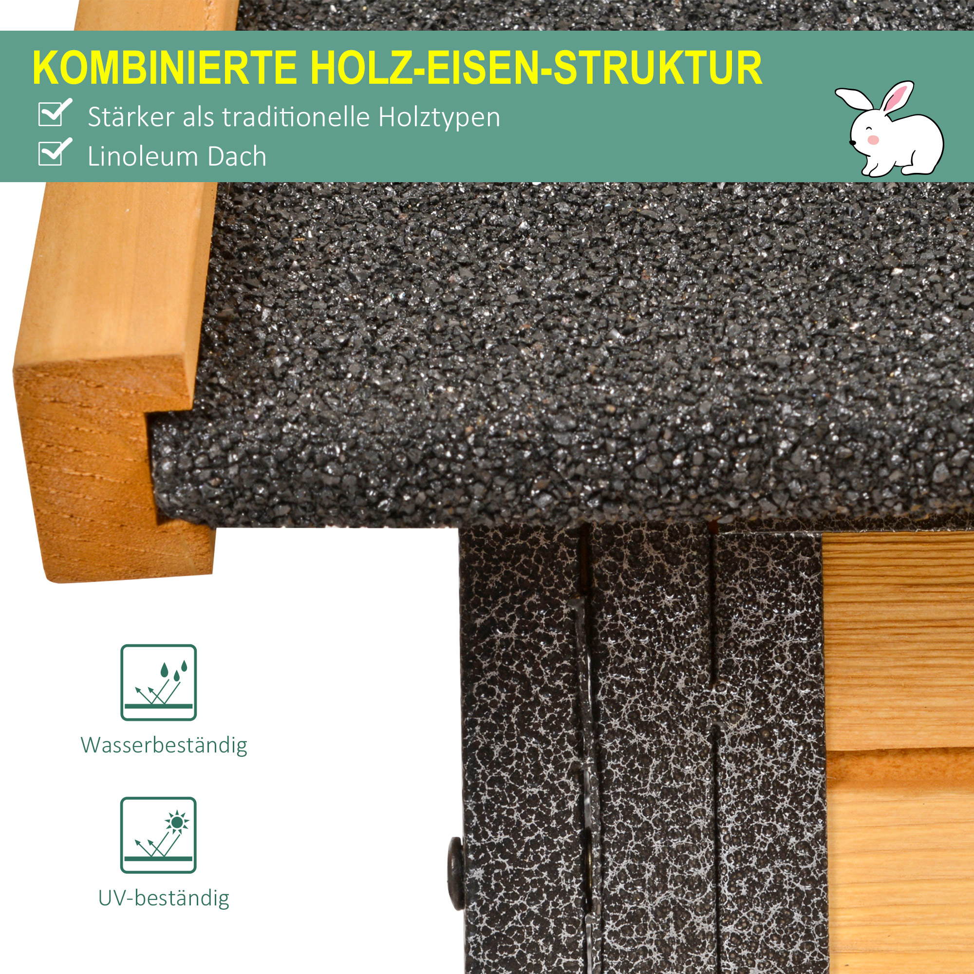 Kleintierstall mit Freigehege u. Rampe 122 cm x 63 cm x 92 cm Tannenholz Metall Hellgelb+Dunkelgrau