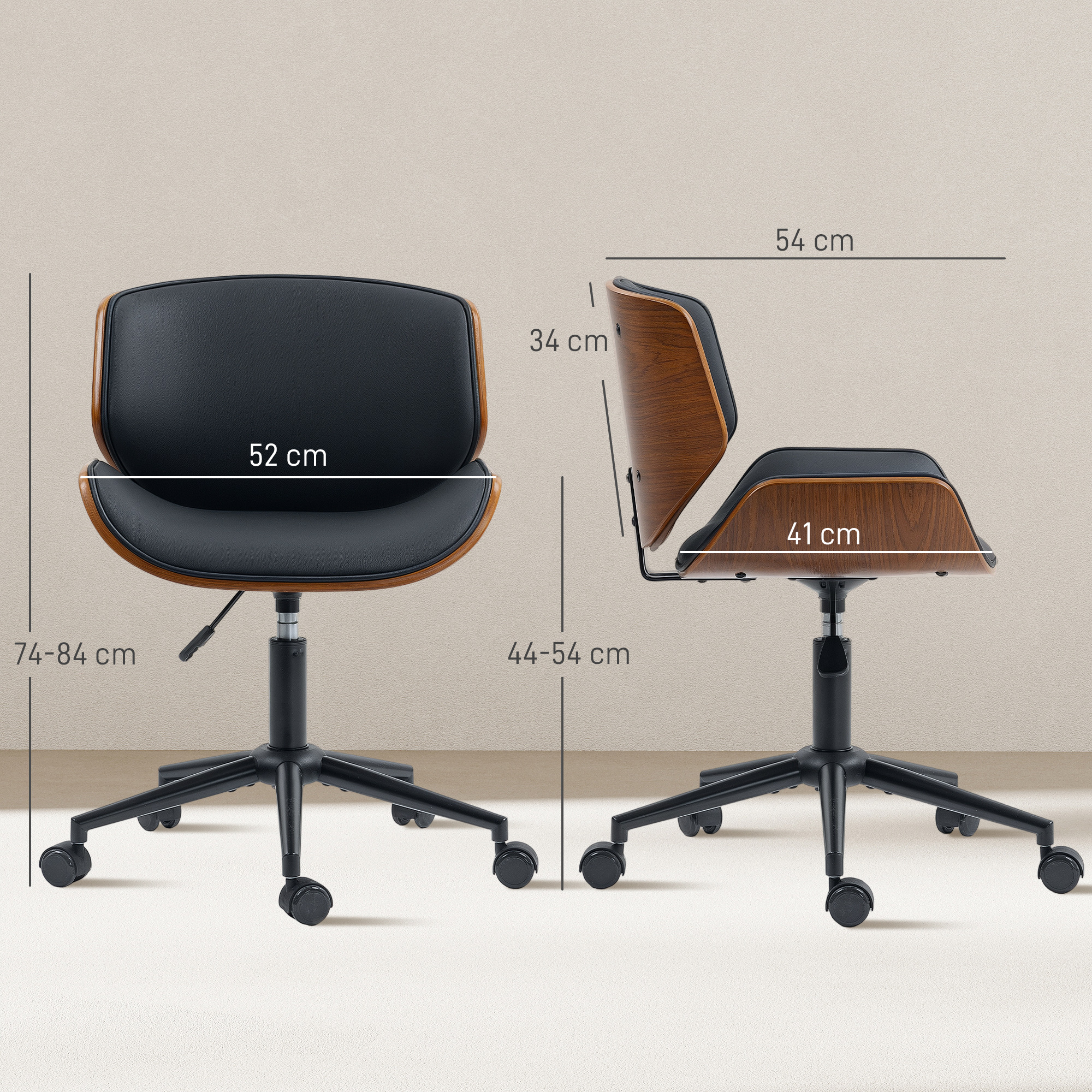 Homeoffice Stuhl aus Kunstleder höhenverstellbar Drehstuhl bis 135 kg belastbar 52 x 54 x 74-84 cm Schwarz+Walnussbraun