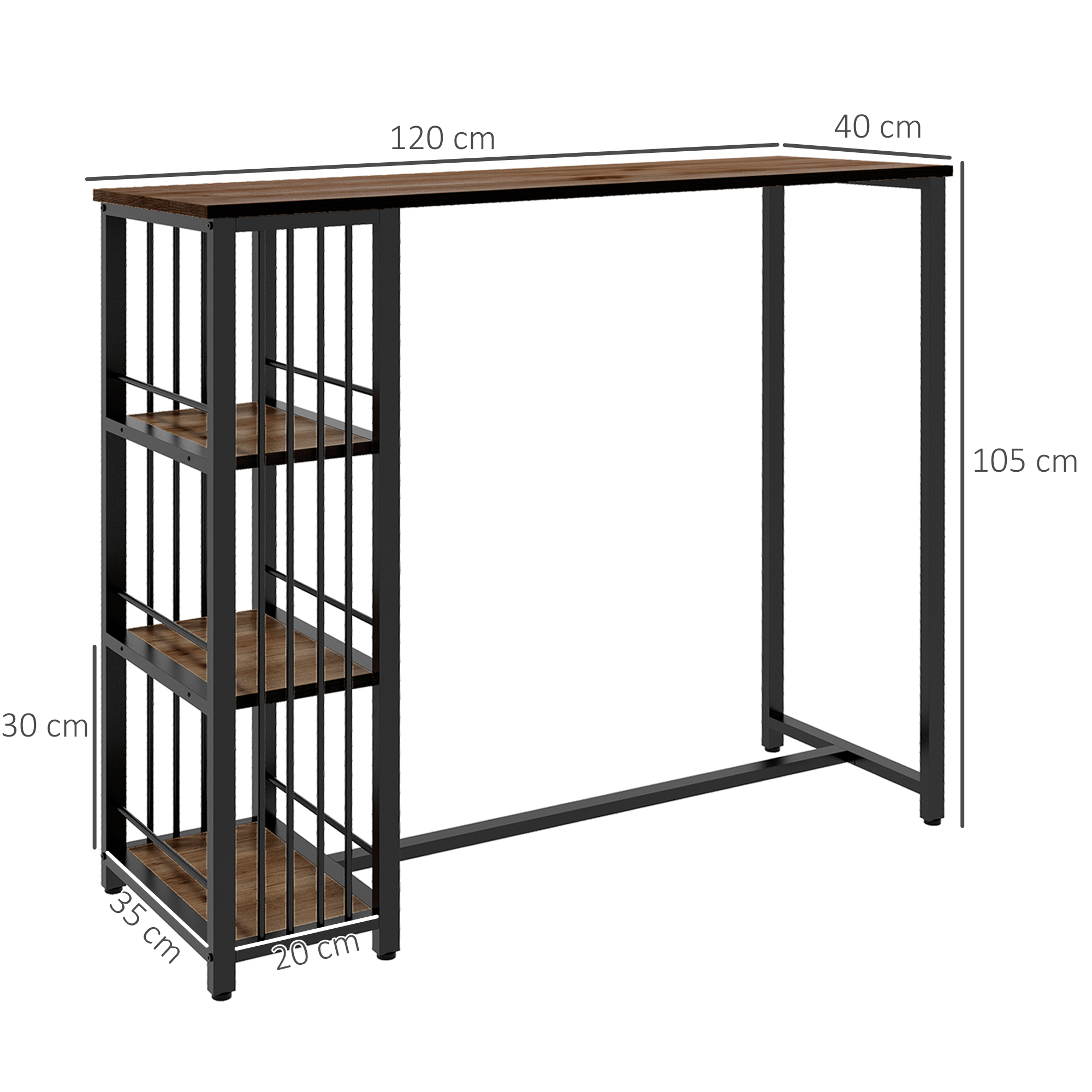 Bartisch Stehtisch Küchentresen, Industriedesign, 3 Regale, 120 x 40 x 105 cm; Schwarz + Braun