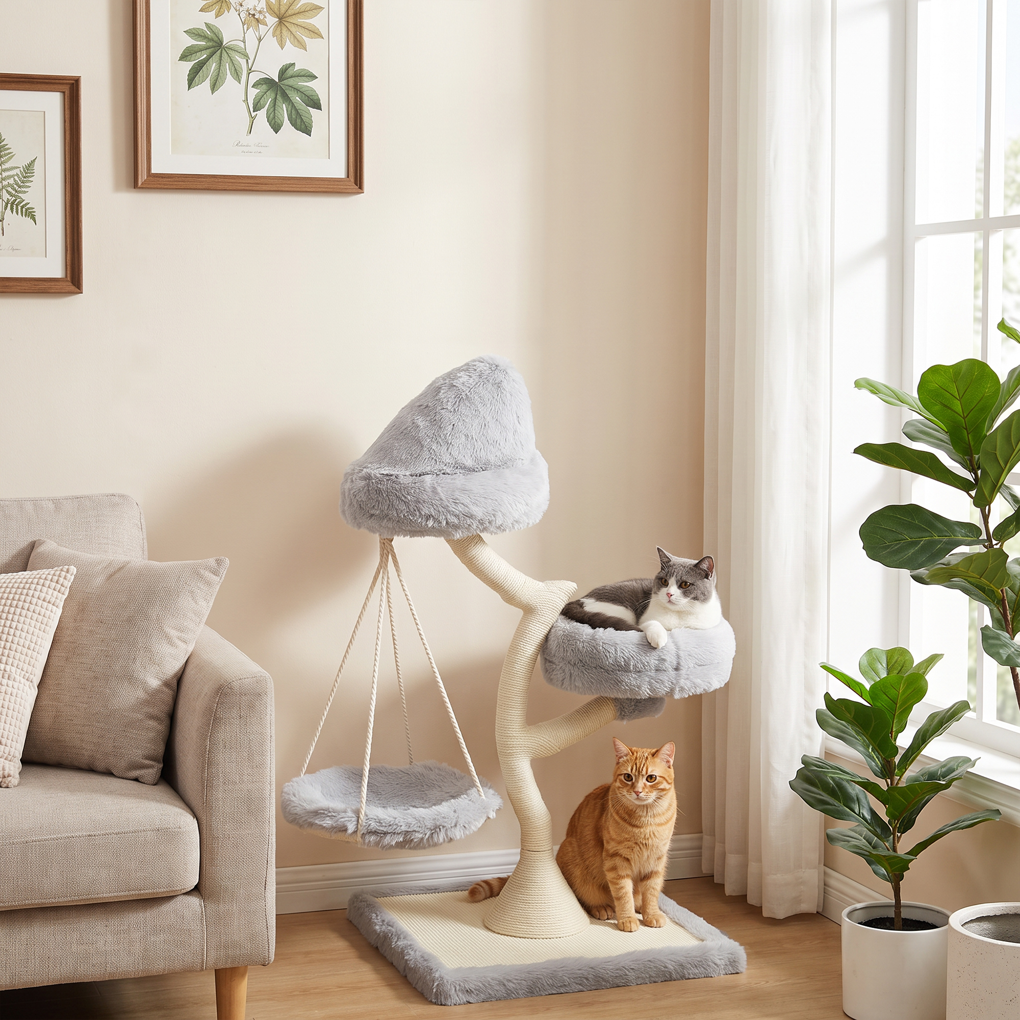 Kratzbaum 115 cm hoch Katzenbaum mit Baumform 2 waschbaren Betten Hängematte Sisal-Kratzstamm, für Katzen unter 6 kg