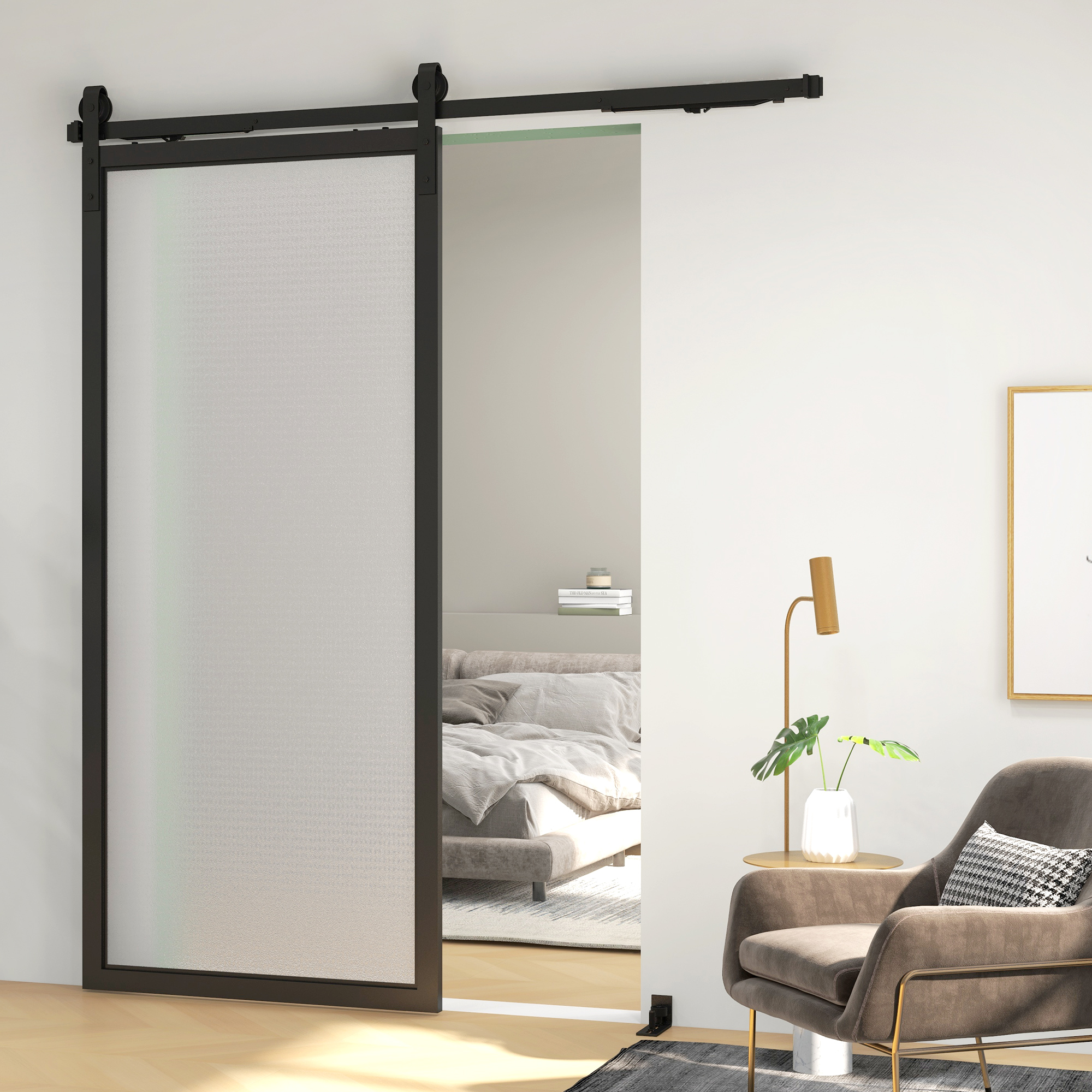 Schiebetür-Bausatz, leise & leichtgängig, für Holz- & Zementwände, 183cm, Stahl, Schwarz