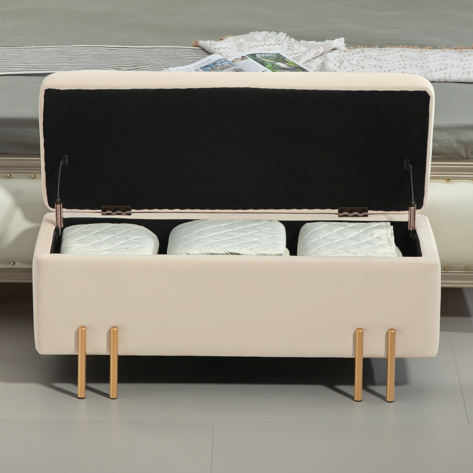 Polsterbank mit Stauraum, Truhenbank, Schaumstoff, Metall, Kautschukholz, 100 x 40 x 42 cm, Beige