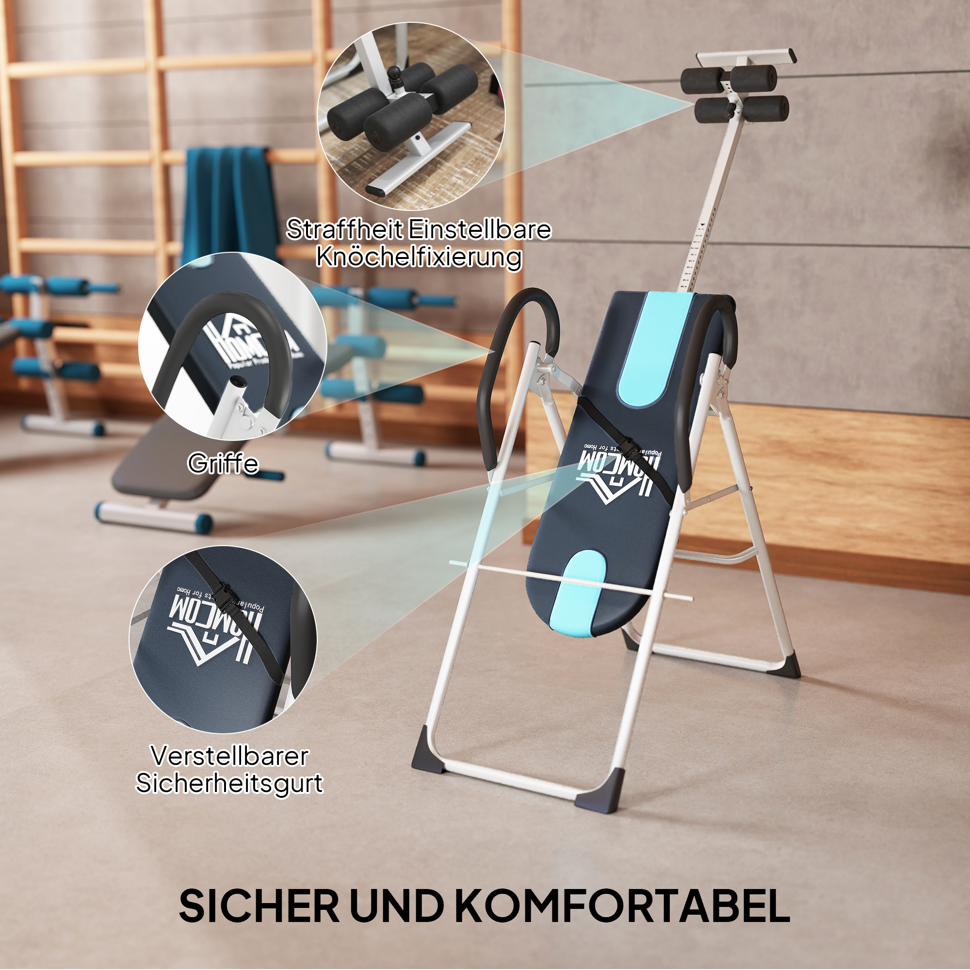 Inversionsbank klappbar Schwerkrafttrainer mit Sicherheitsgurt Inversionstisch bis 136kg Stahl Silber+Schwarz+Blau