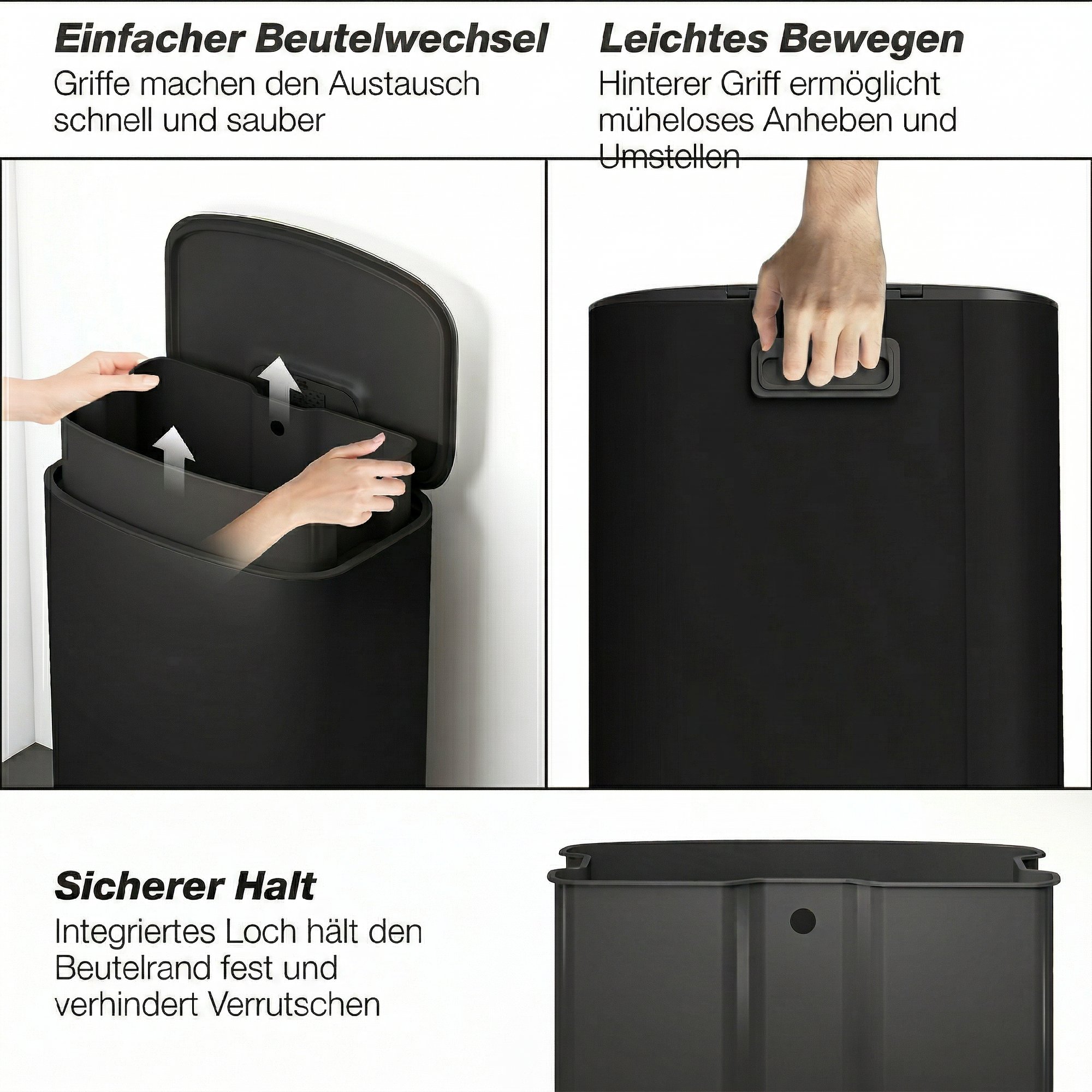 Mülleimer Küche 50 Liter Treteimer mit Bleib-Offen-Funktion, Soft-Close-Deckel, Pedal, Schwarz