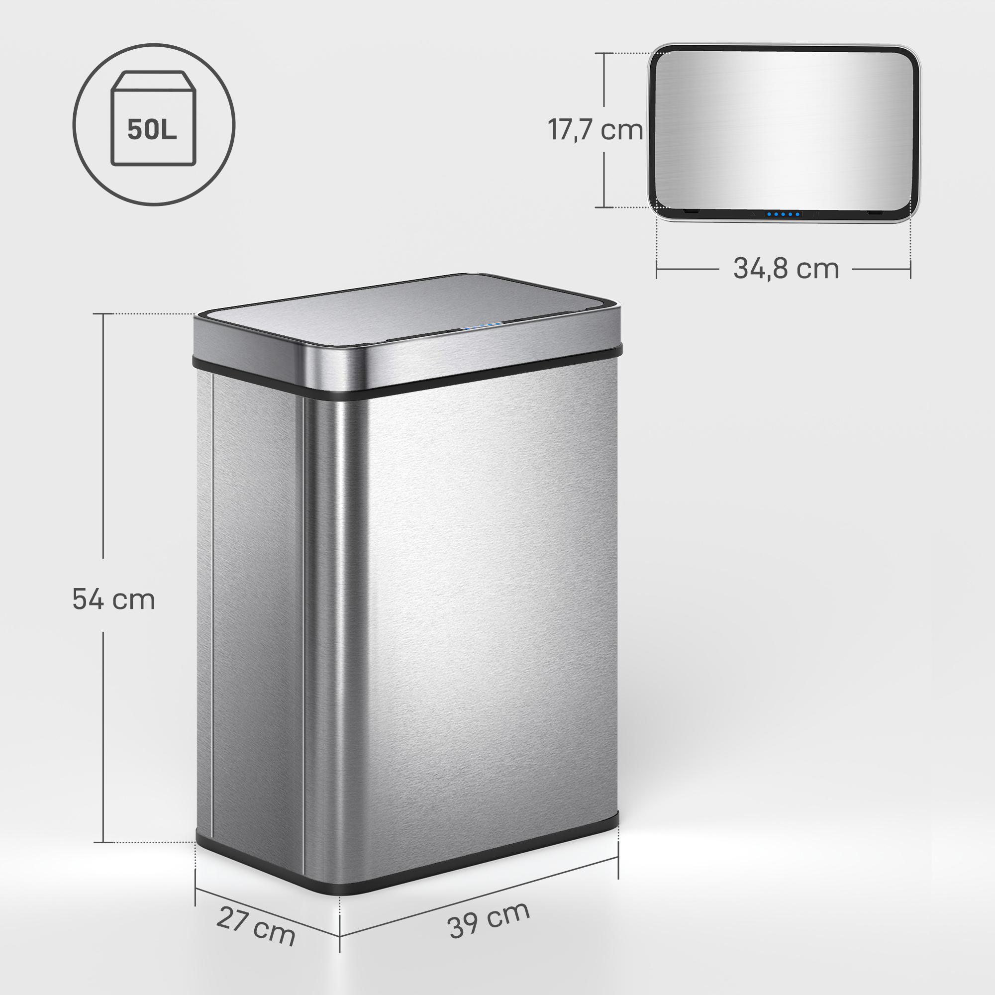 50 L Sensor-Mülleimer, automatischer Deckel, Edelstahl, vielseitig einsetzbar, Silberfarben