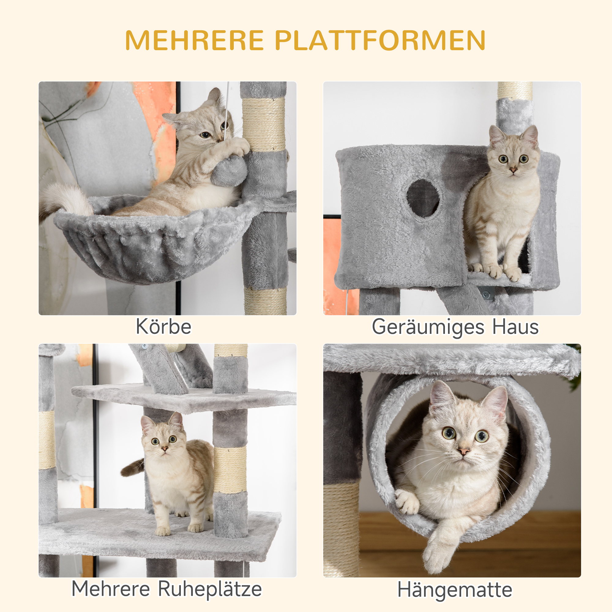 Katzenkratzbaum 240-260 cm Deckenhoch Kratzbaum groß Kletterbaum Katze Kratzbaum für große Katzen mit Sisalseil Hellgrau