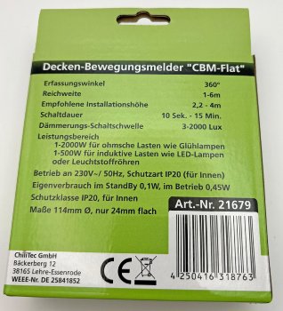 Decken-Bewegungsmelder "CBM-Flat" 360°, LED geeignet, 6m Detektion, 2000W, weiß