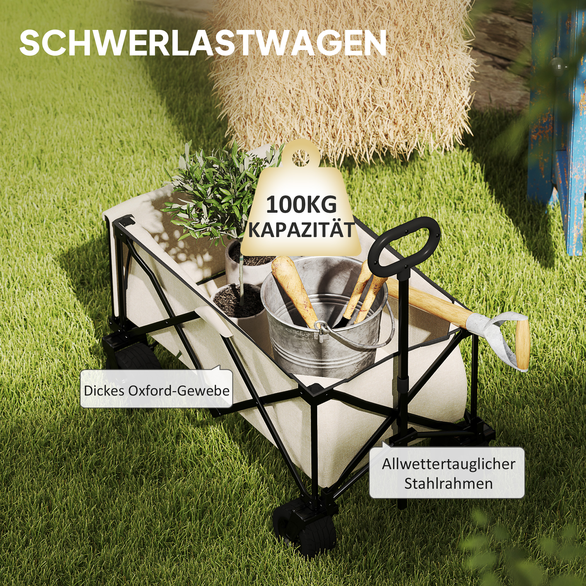 Gartenwagen 100 kg belastbar, klappbar Transportwagen mit herausnehmbare Plane, 90 x 48 x 92 cm Beige