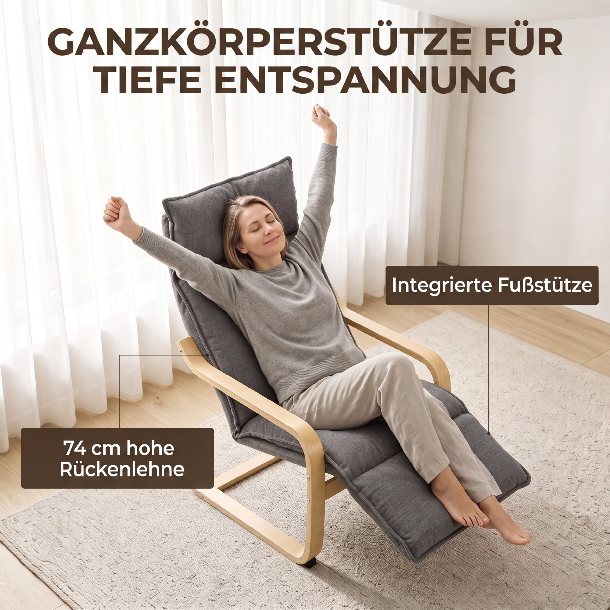 Loungesessel Wohnzimmer Sessel mit Fußstütze, Leinenoptik Moderner Schwingsessel mit Schaukelfunktion Dunkelgrau