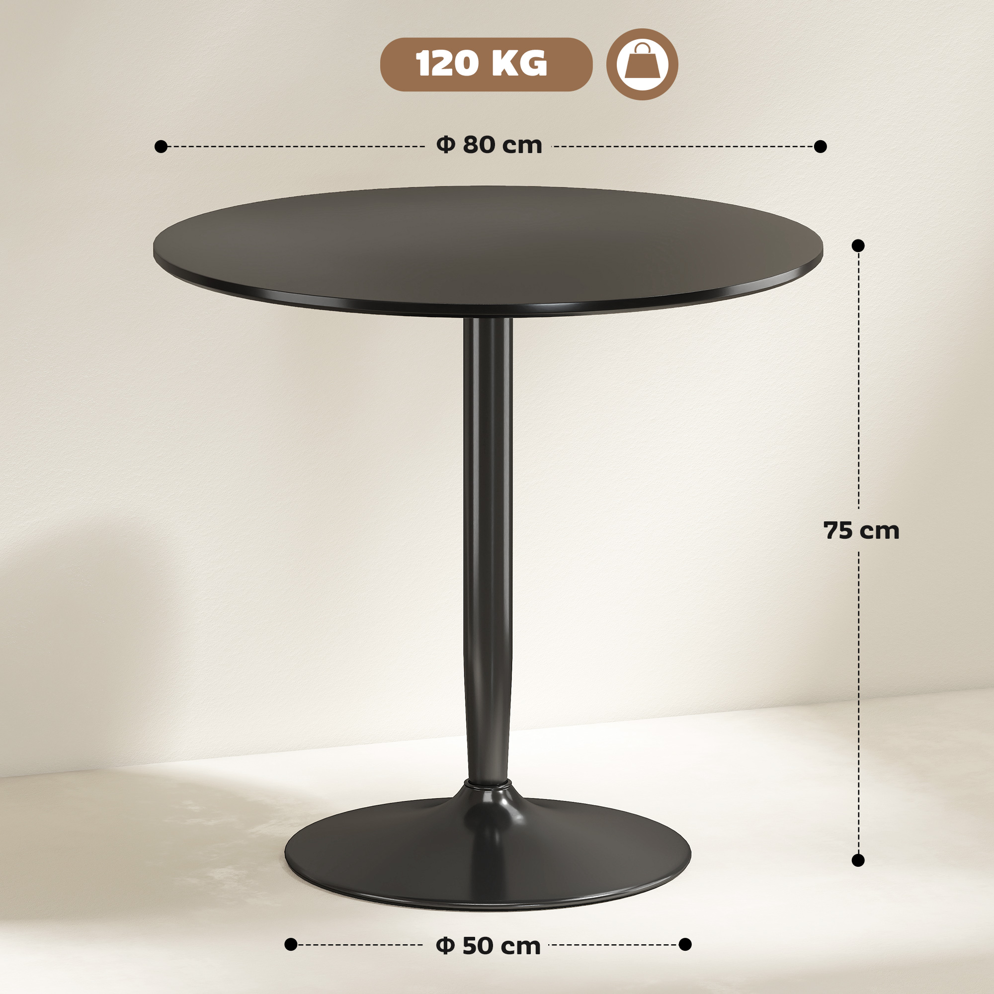 Esstisch für 2 Personen, runde Tischplatte Ø80 cm, MDF und Stahl, rutschfest, Schwarz, 75H cm