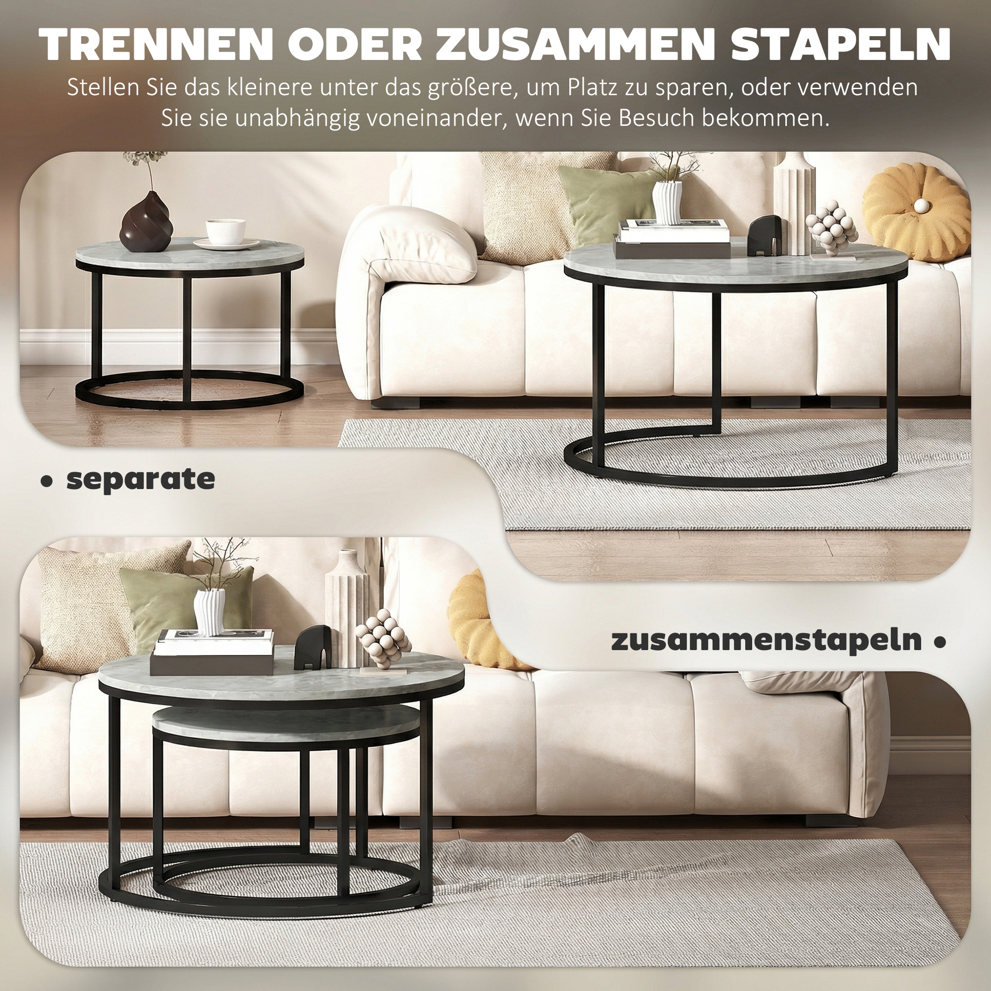 Modernes Kaffeetisch 2er-Set, Stapelbare Beistelltische mit Metallgestell für Wohnzimmer, Schlafzimmer, Büro, Grau