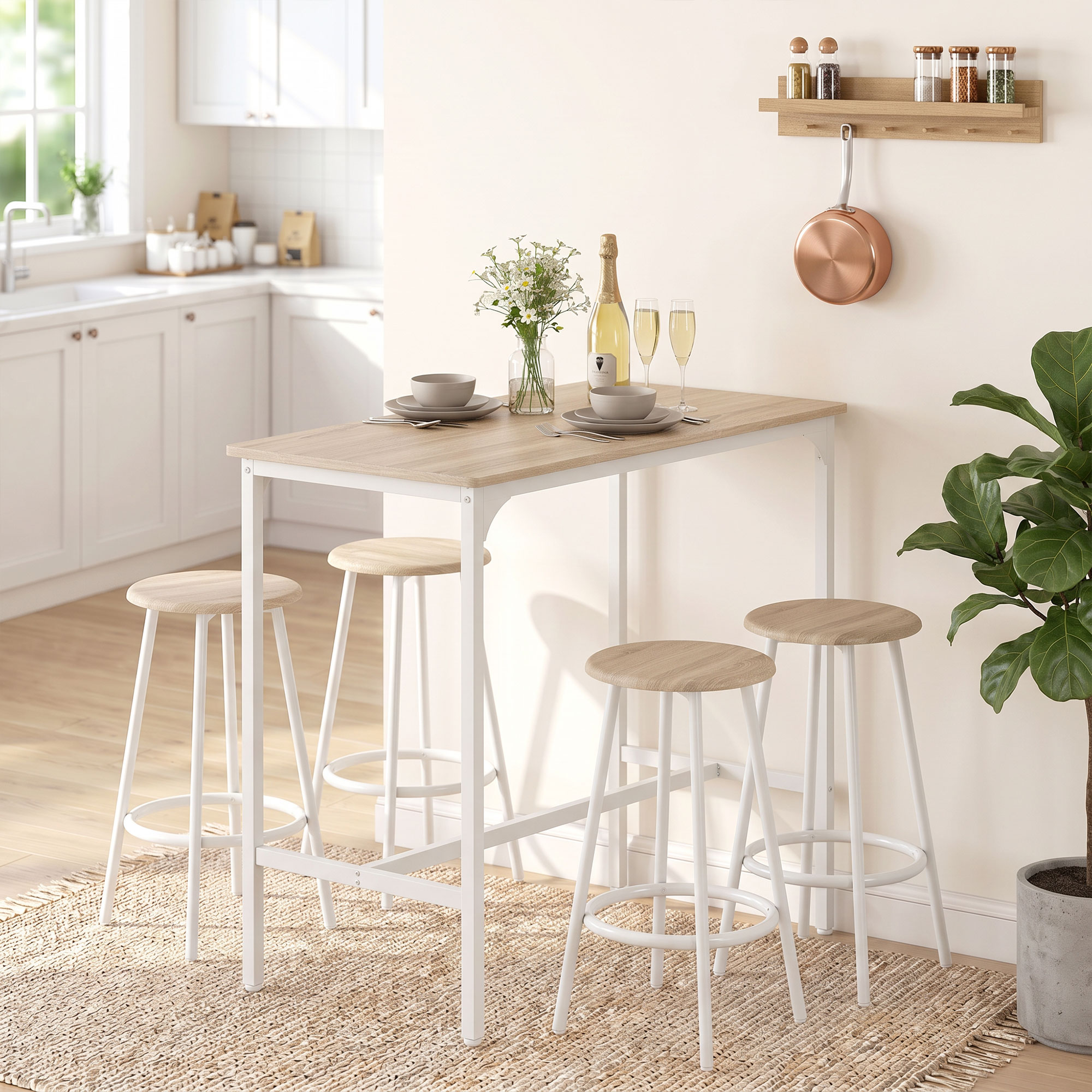 5-teiliges Bartisch-Set für 4 Personen, Industrieller Stehtisch mit Hockern für Küche & Esszimmer, Eiche