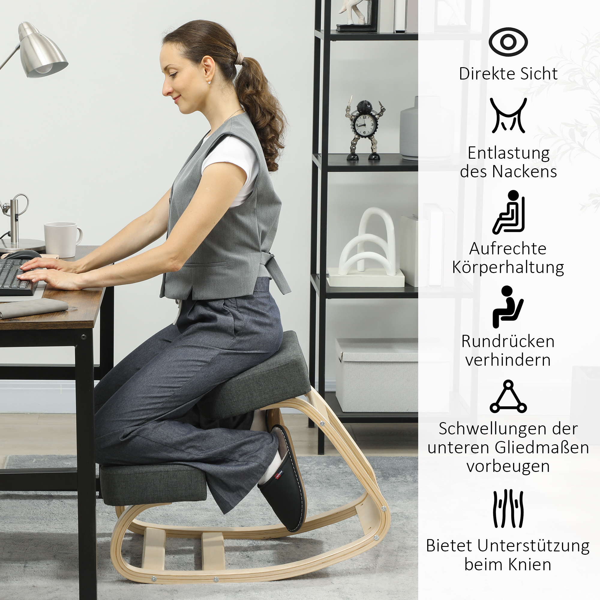 Kniestuhl, ergonomischer Sitzhocker, Polsterhocker für gesunde Sitzhaltung, Birkenholz, 120 kg belastbar, Dunkelgrau