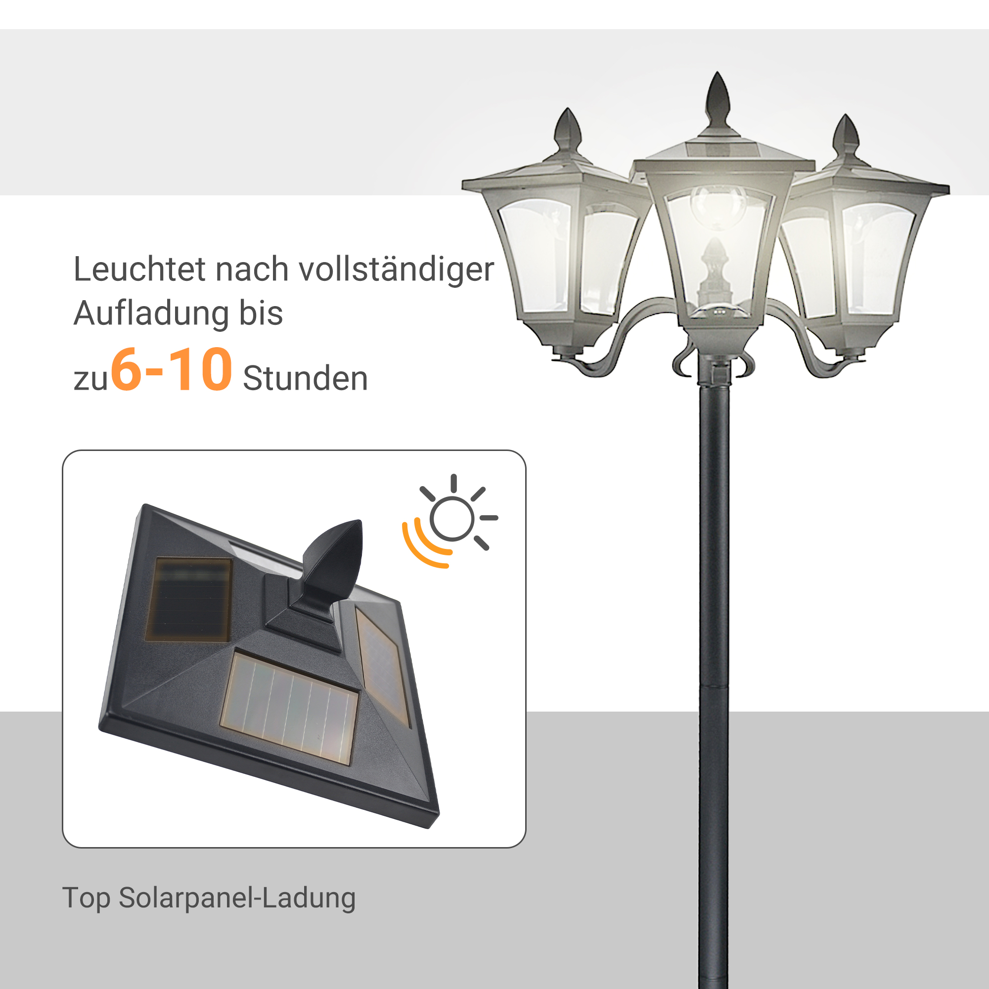 Solar Gartenlaterne mit 3 flammig Laterne Mast aus Edelstahl Solarlaterne mit LED 120 Lumen 51,5x47x182,5cm Wegeleuchte IP44 für Garten Balkon Schwarz