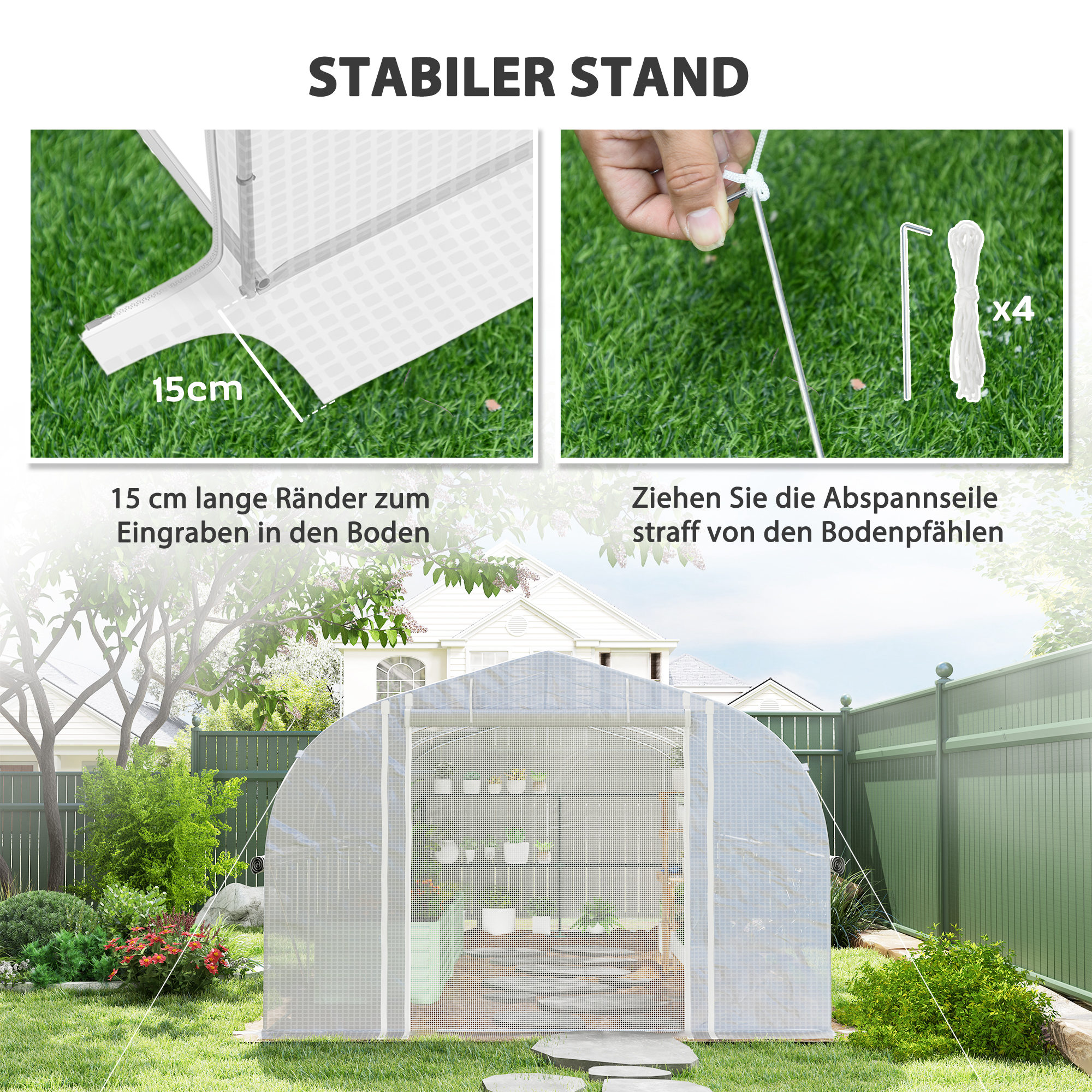 6x3x2 m Gewächshaus, begehbar, 8 Fenster, Tür, Fliegennetze, Metallgestell, Weiß