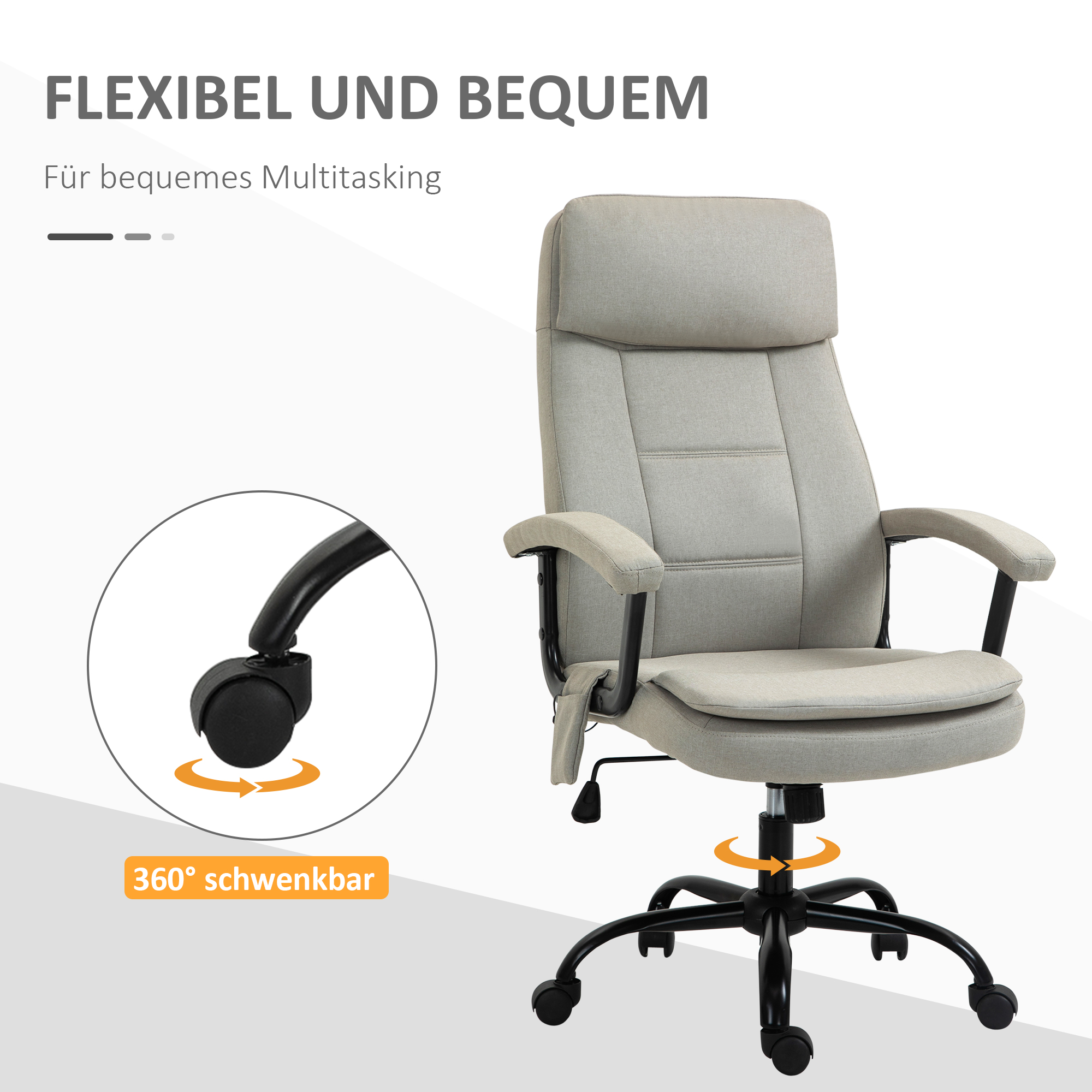 Bürostuhl Massage höhenverstellbarer Chefsessel Gamingstuhl mit Massagefunktion, ergonomischer Drehstuhl Massage Sessel Lendenwirbelsäulenmassage Leinen-Gefühl Beige 63 x 70 x 112-121 cm