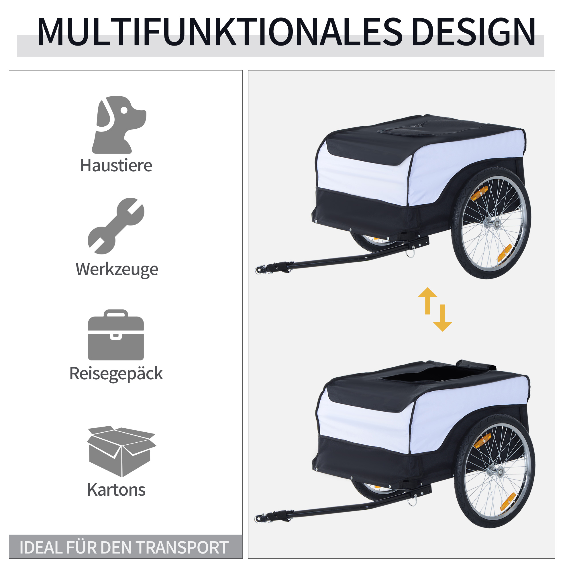Fahrradanhänger Lastenanhänger Belastbarkeit max. 40 kg Transportanhänger Handwagen Lasten-Fahrradanhänger Weiß+Schwarz Stahl Oxford 140 x 77 x 65 cm