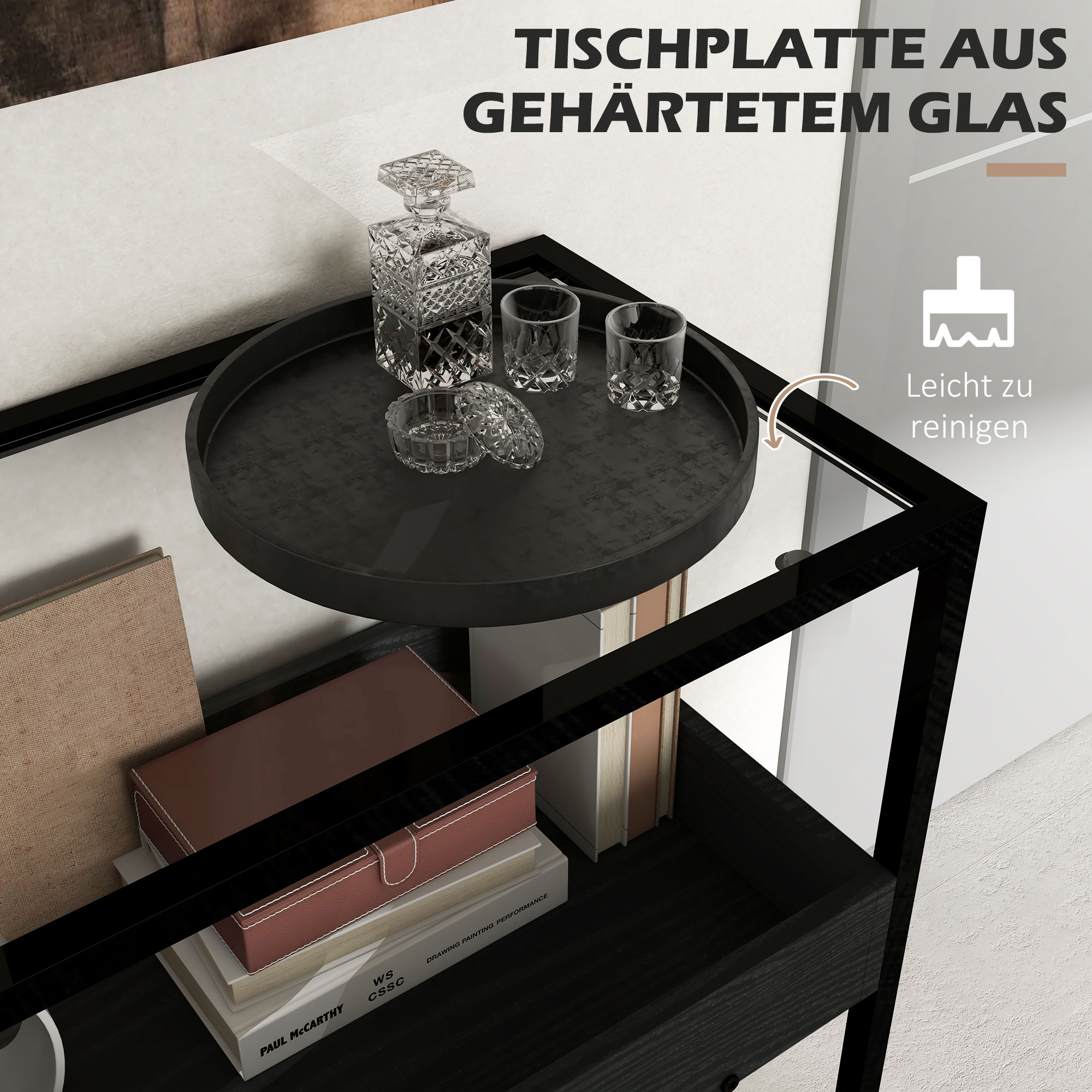 Konsolentisch mit 2 Regalen, Flurtisch, Flurkonsole, Schwarz