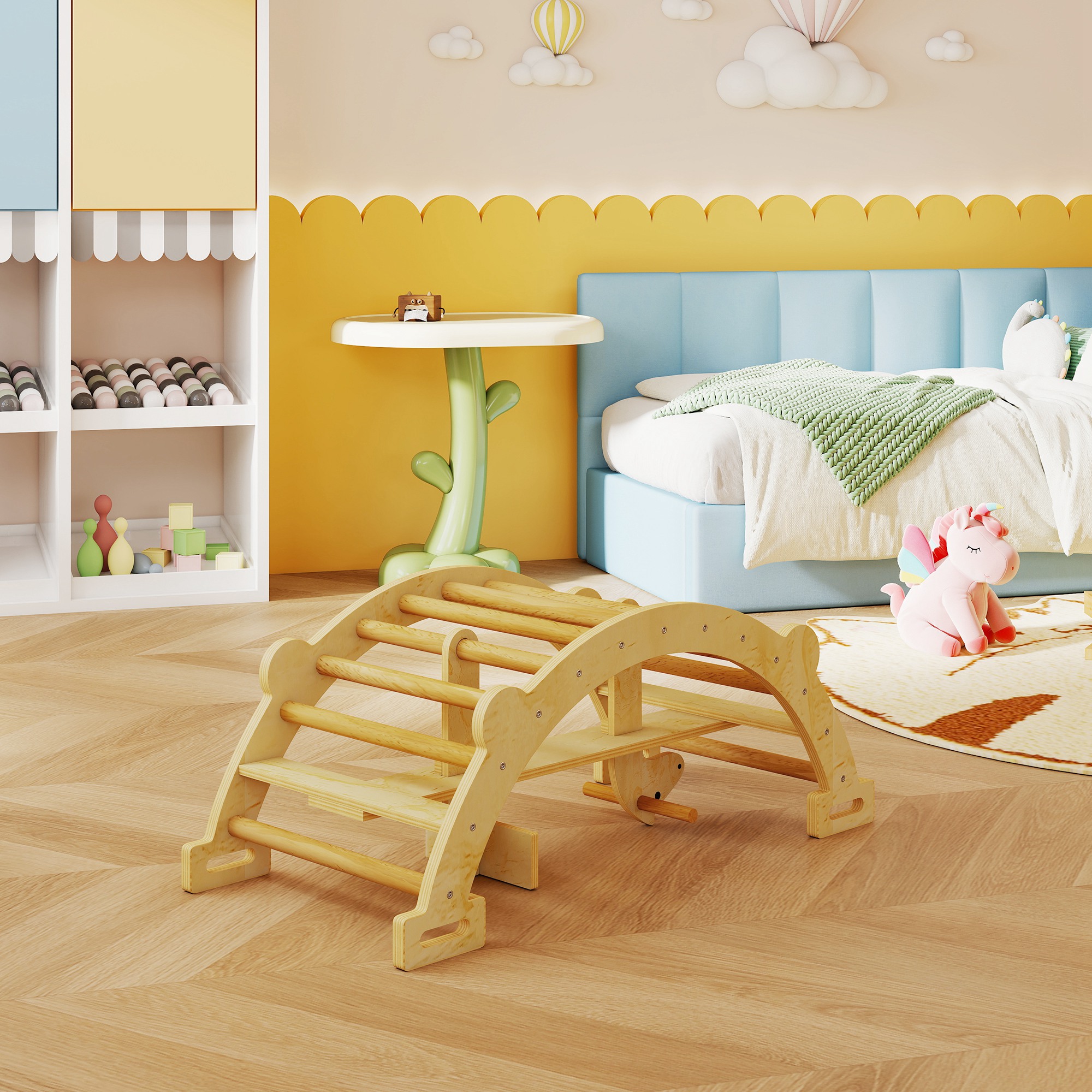 Montessori Klettergerüst Indoor, 2 in 1 Kletterbogen aus Holz, für Kinder 2-4 Jahre, 110x52x45 cm, Naturholz