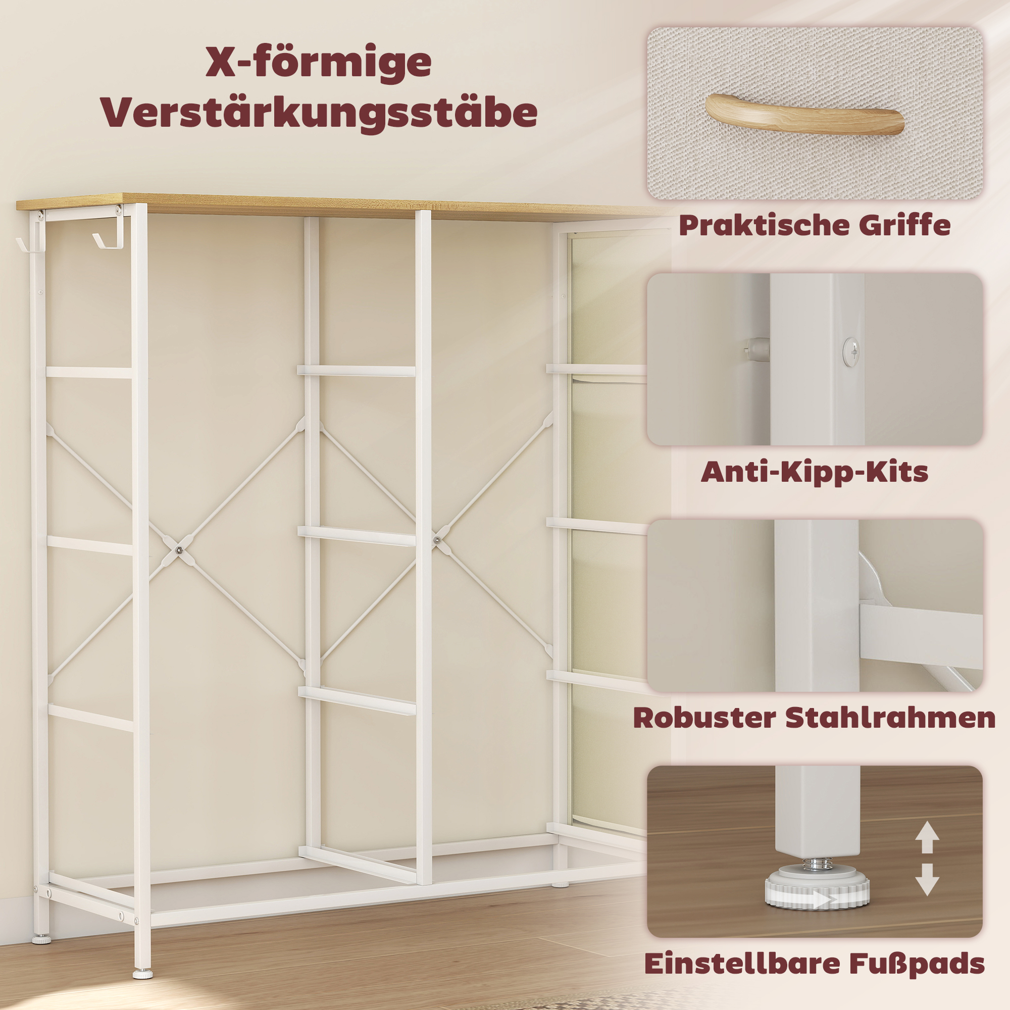 Schlafzimmer-Kommode mit 8 Stoffschubladen, Stahlstreben, Holzoberfläche, 4 Aufbewahrungstaschen, 2 Haken, Beige