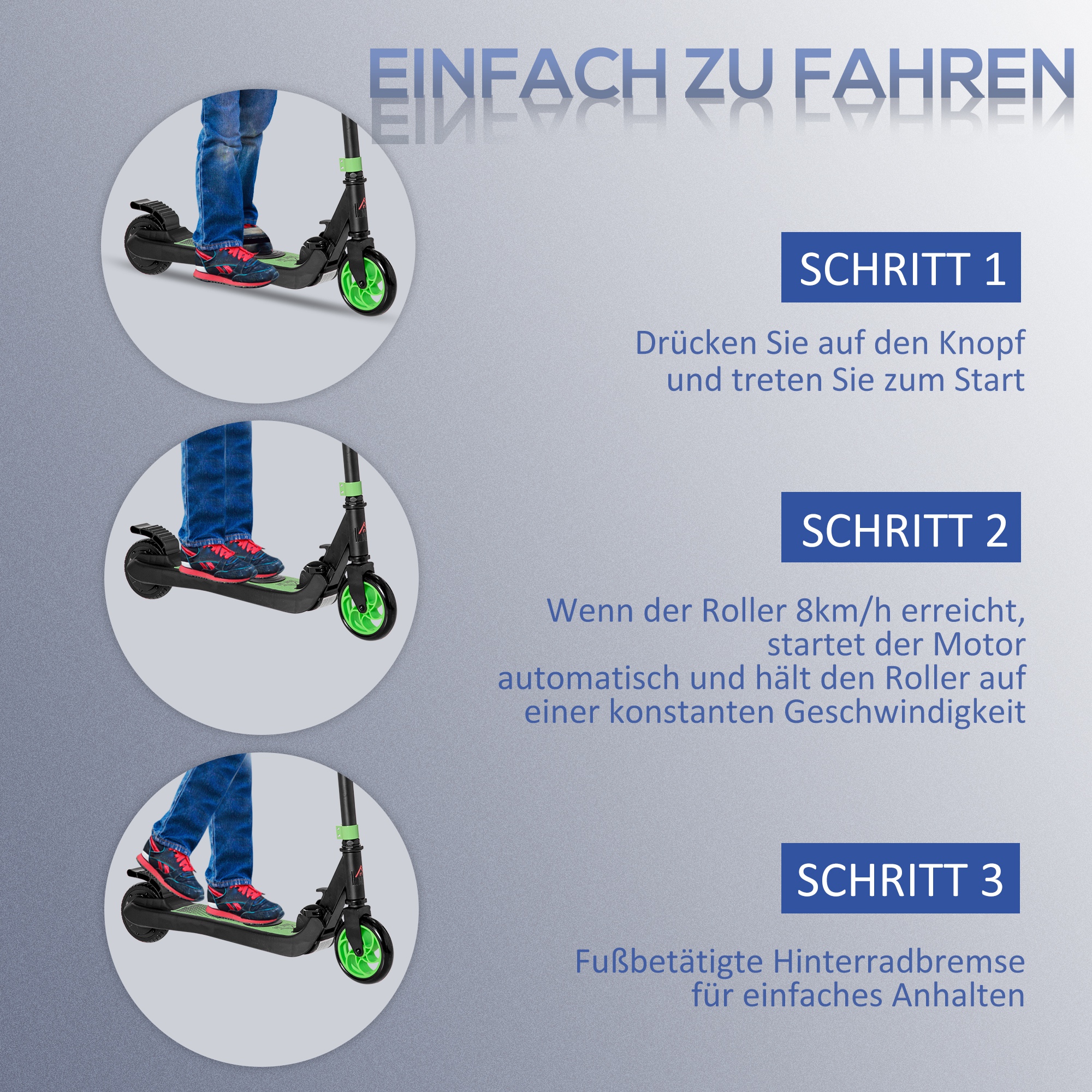 E-Scooter Elektro Scooter 120W Motor 6 km Reichweite max. 8 km/h Elektroroller ab 6 Jahren Grün+Weiß