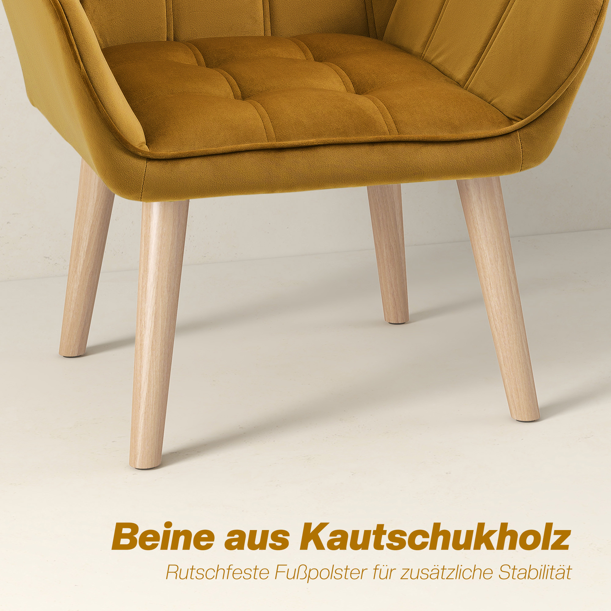 Polstersessel, Akzentsessel, Skandi Design, Samtoptik, bis 120 kg, Kautschukholzbeine, Gelb