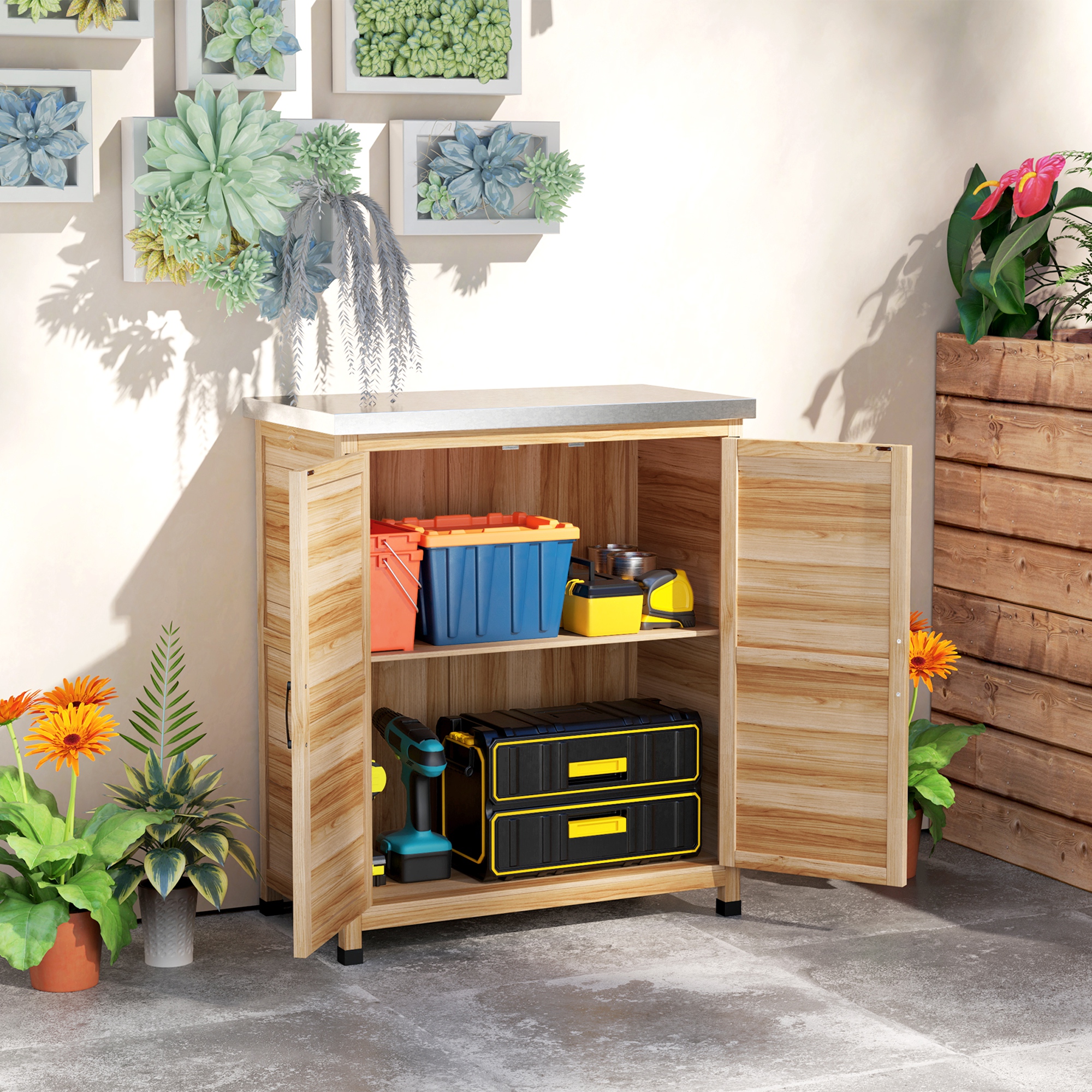 Gartenschrank mit internem Regal und Arbeitsbank, aus Fichtenholz und verzinktem Stahl, 79x43x92 cm, Holzfarbe