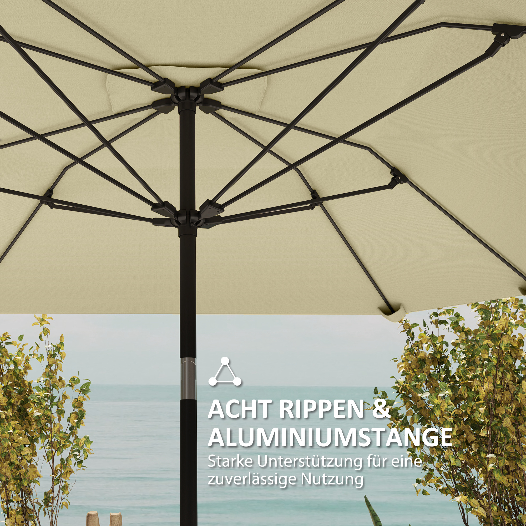 2,3 m Sonnenschirm ohne Basis, Verstellbarer Terrassenschirm mit Kurbel, Polyester, Aluminium, Fiberglas, Beige