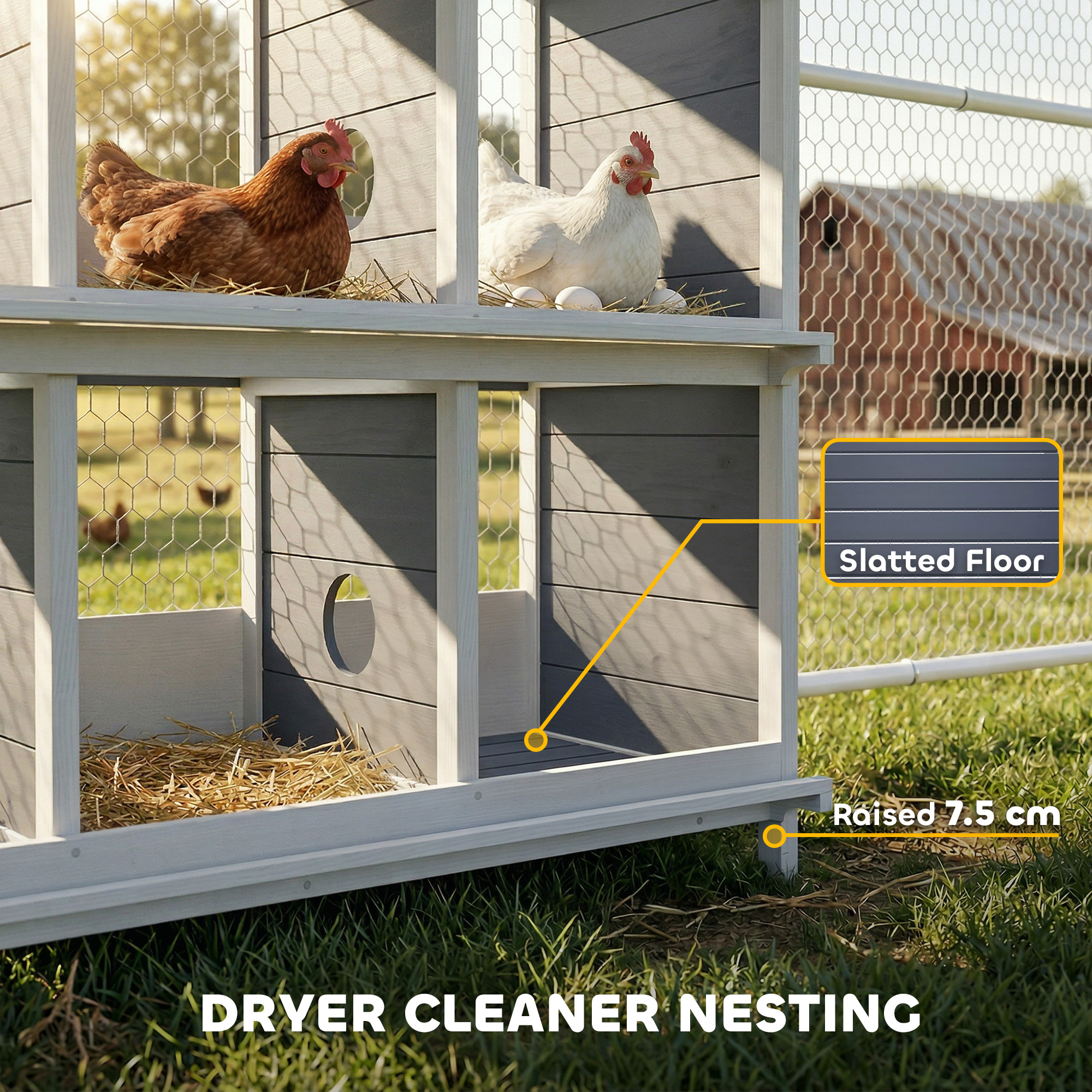 Legenest für Hühner, erhöhtes Hühnernest aus Holz mit 6 Fächer, 2 Sitzstangen für Kleintierstall 102 x 50 x 91 cm, Grau