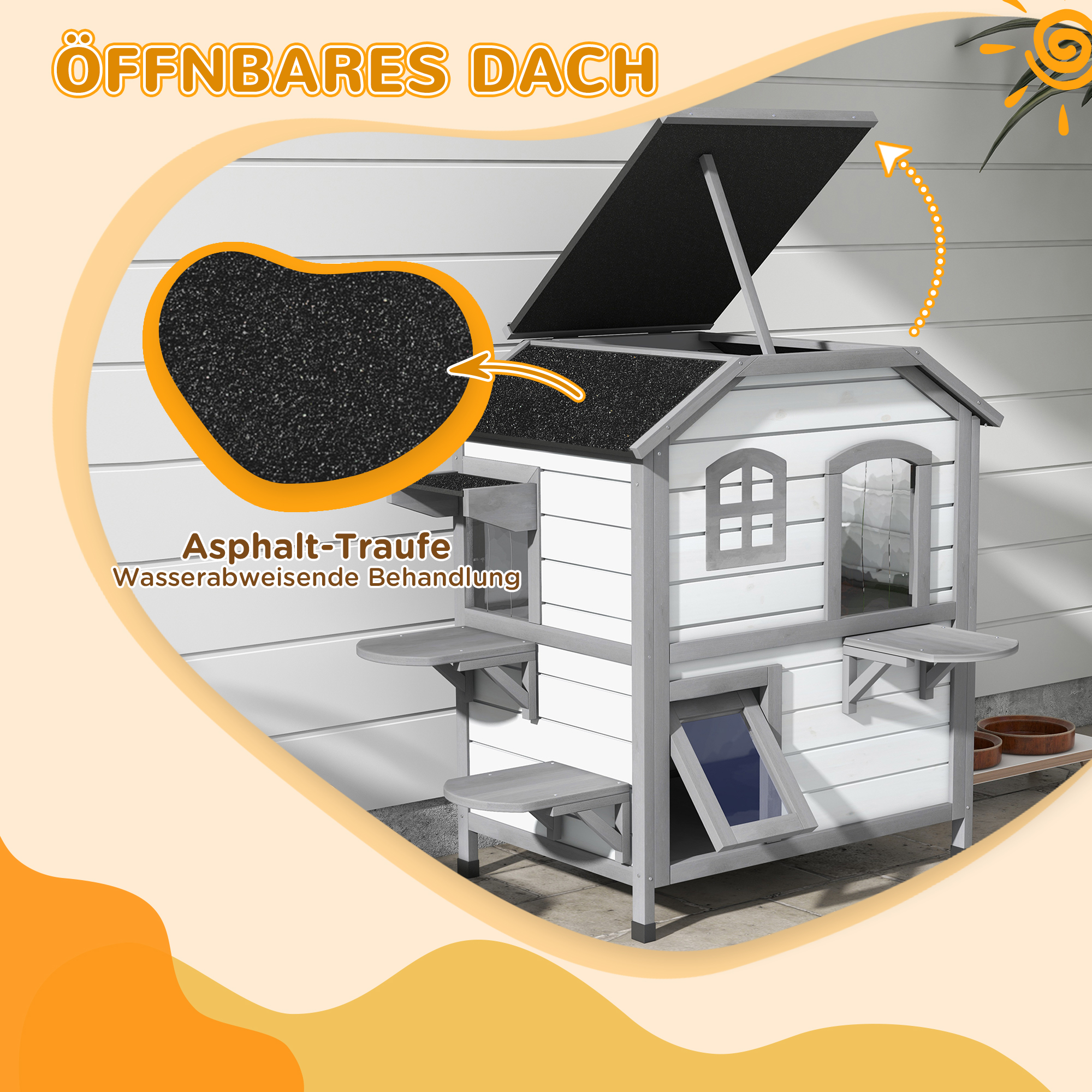 Katzenhaus Katzenhütte Katzenhöhle, 2 Stockwerke, wetterbeständig, 99,5 cm x 76 cm x 91 cm, Weiß + Grau
