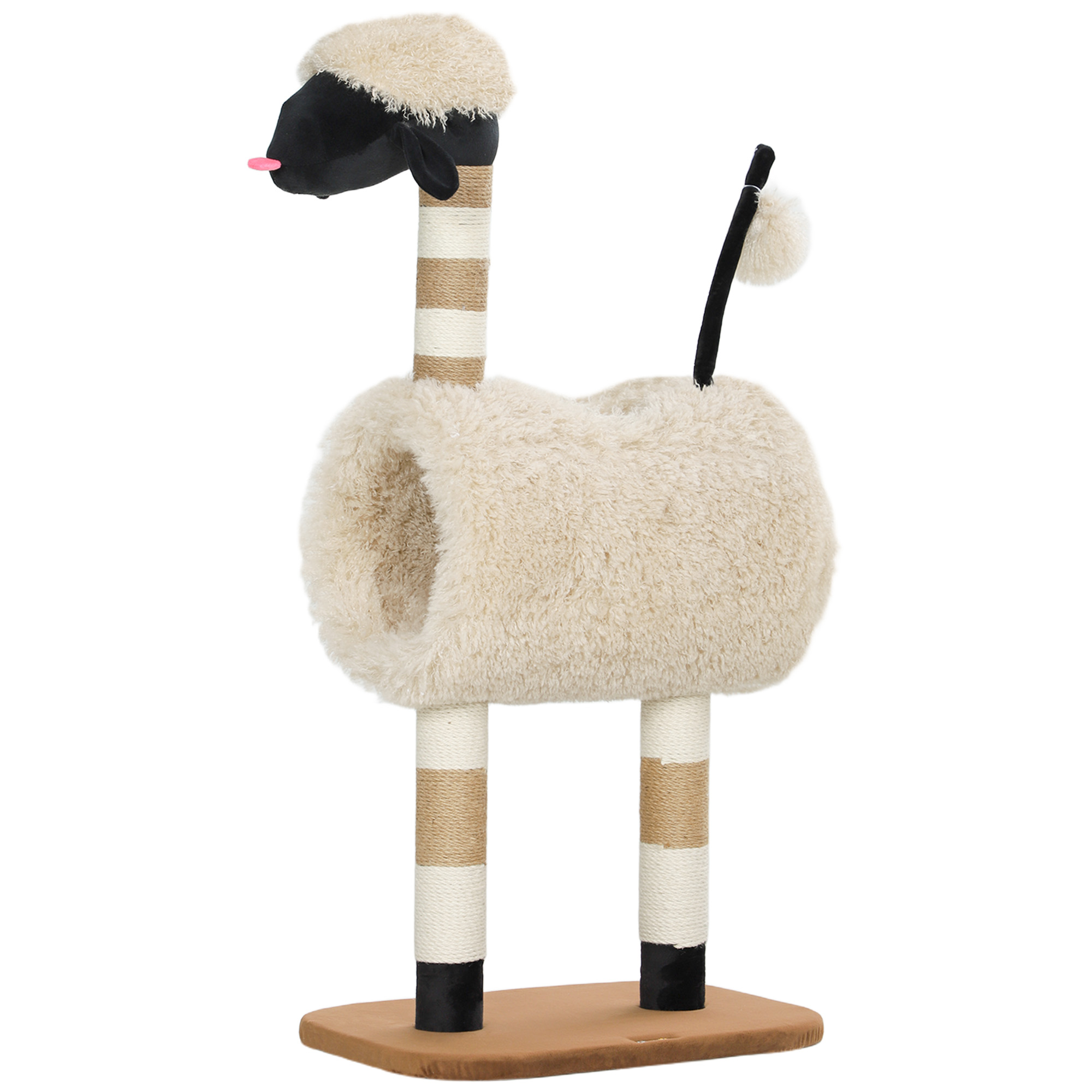 Katzenbaum im Schaf-Design, mit Kratzpfosten, Tunnel und Spielzeug, 98 cm, Hellbraun