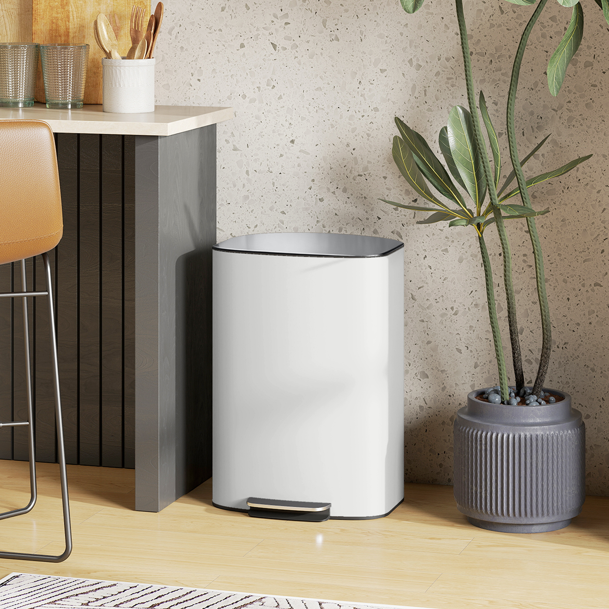 Mülleimer Küche 50 Liter Treteimer mit Bleib-Offen-Funktion, Soft-Close-Deckel, Pedal, Cremeweiß