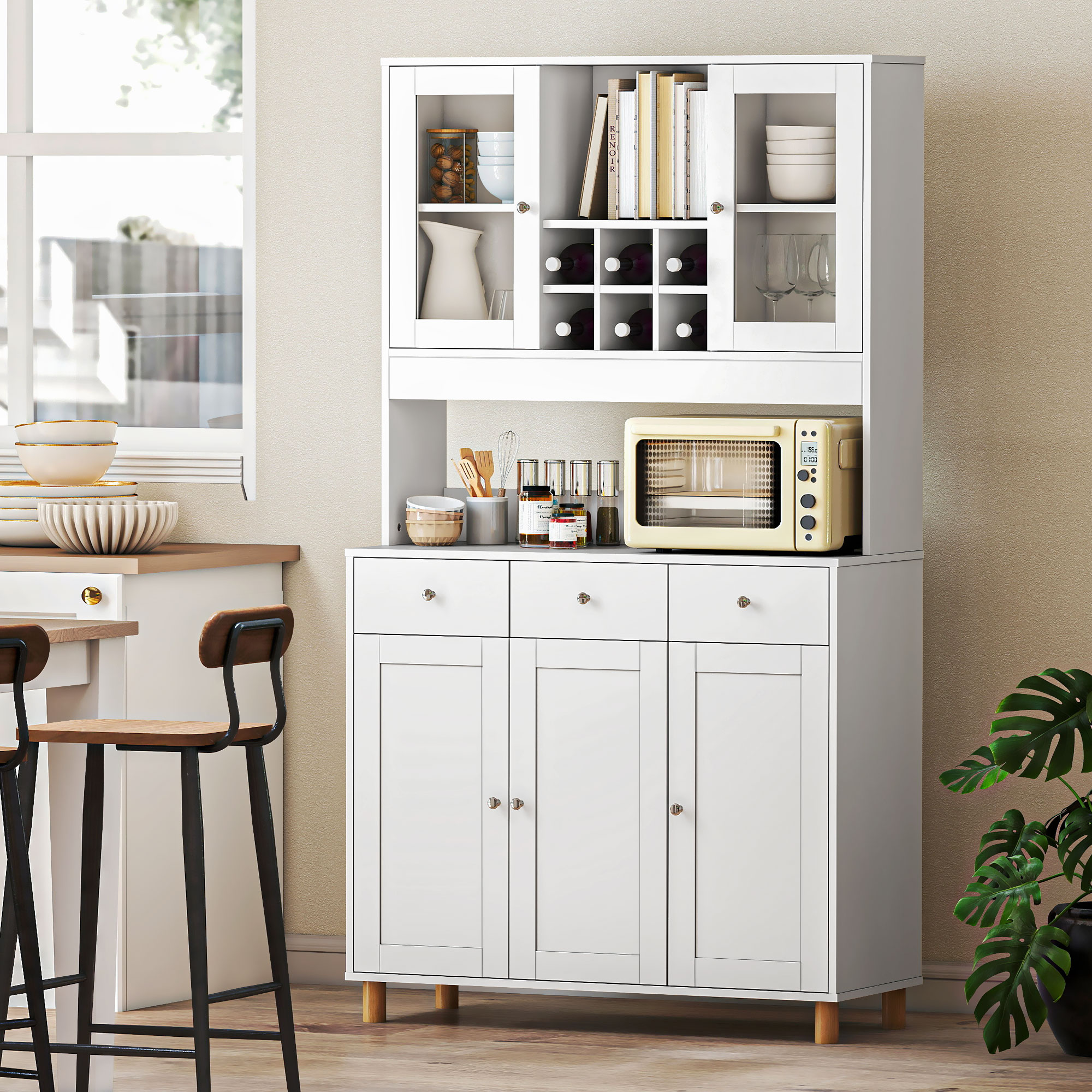 180 cm Küchenschrank, 2 Glastüren, 3 Schubladen, 4 verstellbare Regale, Esszimmerschrank, Spanplatte, Weiß